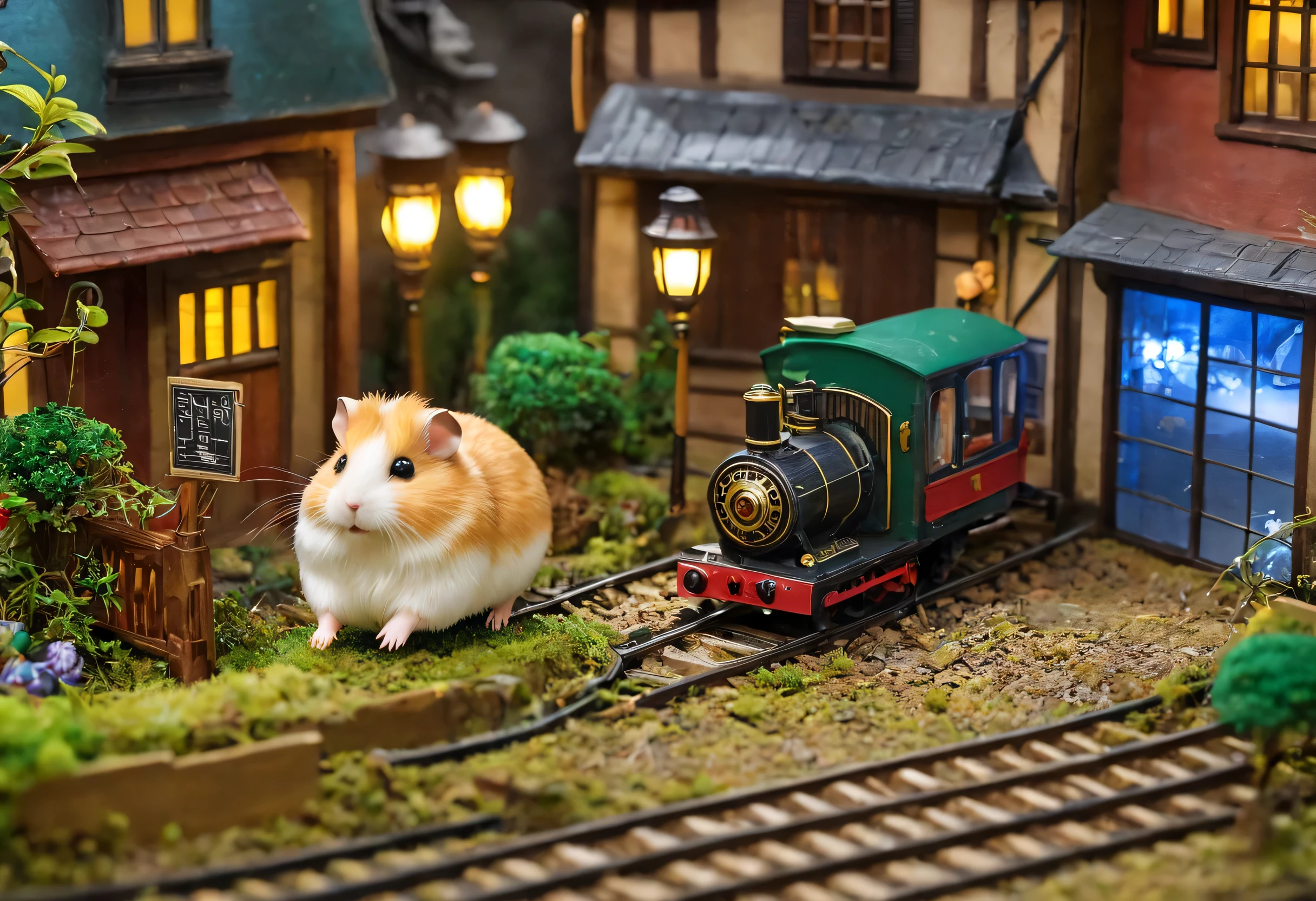 Giant hamsterがミニチュアの街で暴れ回る,trainを持ち上げるハムスター,Giant hamster:cute:fluffy:超cute:big size,diorama:line:train,ultra joyful,Happy,happiness,destroy and play,dioramaとハムスター,masterpiece,最高masterpiece,A wonderful photo that makes the viewer feel Happy,anatomically correct,structurally correct,cool lighting,perfect composition,Optimal configuration,rich colors,Cast colorful spells,intricate details,In detail,fantasy,reality,fluffyなハムスター,最高にcuteハムスター,wonderful,hamster too big,the city is too small