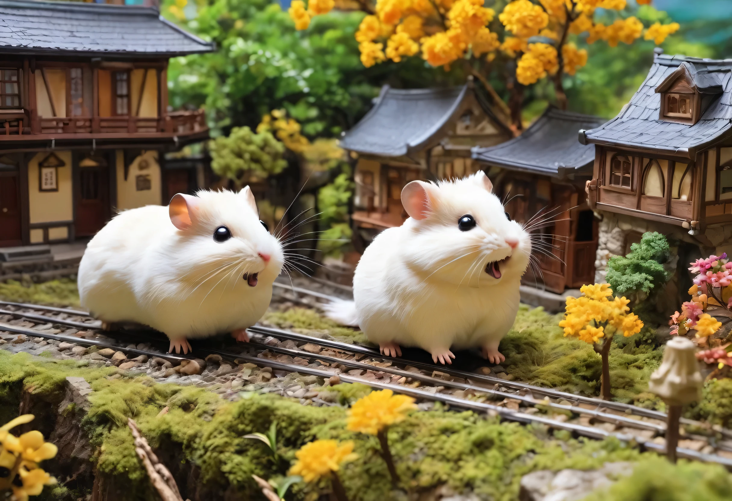 Giant hamsterがミニチュアの街で暴れ回る,trainを持ち上げるハムスター,Giant hamster:cute:fluffy:超cute:big size,diorama:line:train,ultra joyful,Happy,happiness,destroy and play,dioramaとハムスター,masterpiece,最高masterpiece,A wonderful photo that makes the viewer feel Happy,anatomically correct,structurally correct,cool lighting,perfect composition,Optimal configuration,rich colors,Cast colorful spells,intricate details,In detail,fantasy,reality,fluffyなハムスター,最高にcuteハムスター,wonderful,hamster too big,the city is too small,