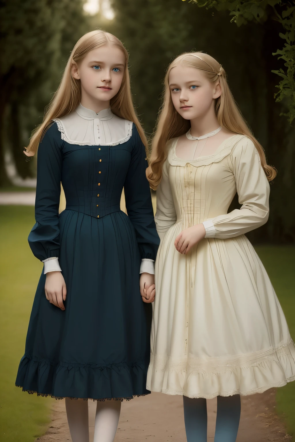 
two girls, (Virginia Otis, 15 years old (blond hair, blue eyes)) pose with (16 years old Georgie Gerald (blond hair, green eyes)). Victorian style. thin, cute face, walks at night in Canterville Castle (inspired by the novel The Canterville Ghost). aged 1887, Victorian dark fantasy