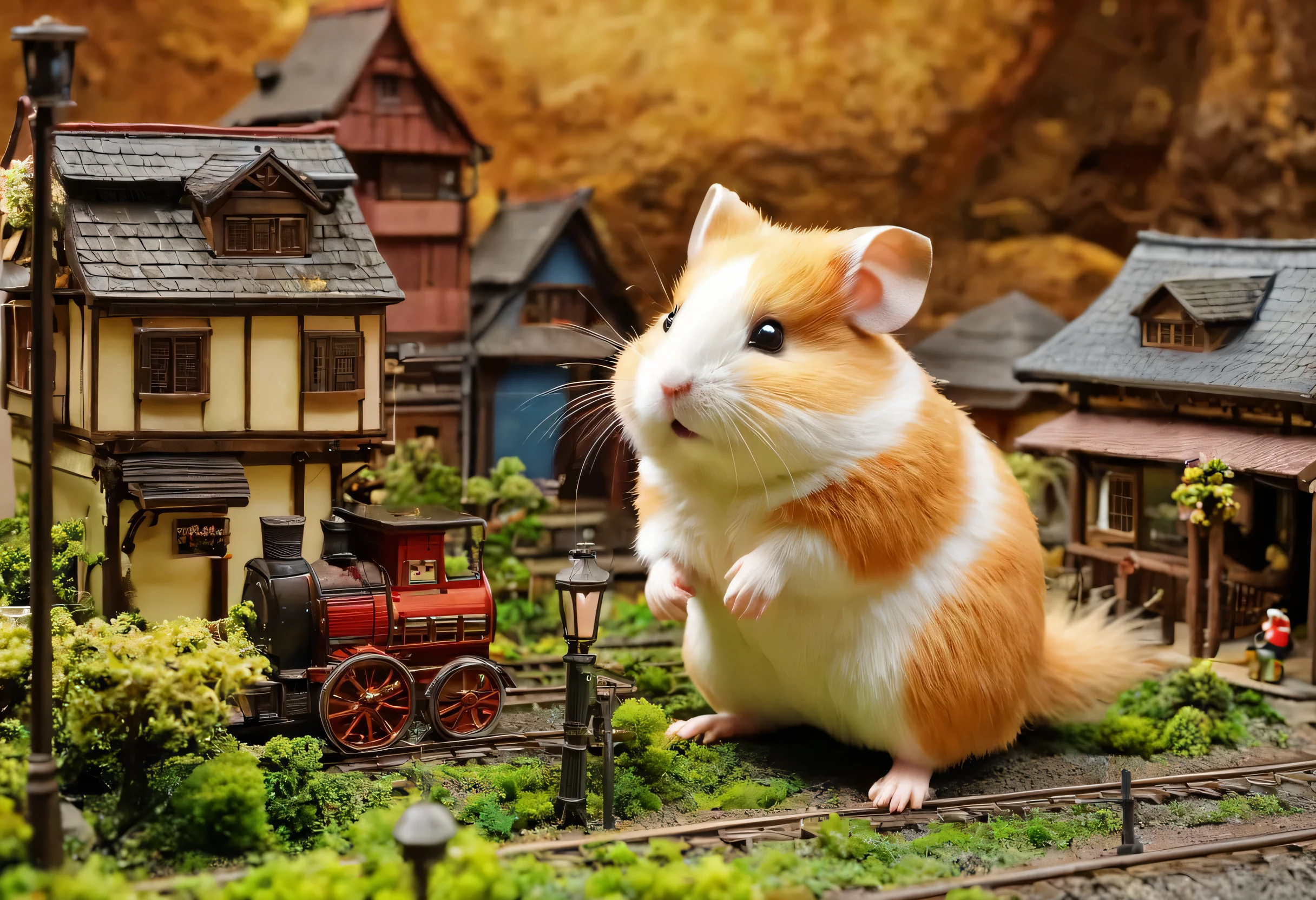 Giant hamsterがミニチュアの街で暴れ回る,trainを持ち上げるハムスター,Giant hamster:cute:fluffy:超cute:big size,diorama:line:train,ultra joyful,Happy,happiness,destroy and play,dioramaとハムスター,masterpiece,最高masterpiece,A wonderful photo that makes the viewer feel Happy,anatomically correct,structurally correct,cool lighting,perfect composition,Optimal configuration,rich colors,Cast colorful spells,intricate details,In detail,fantasy,reality,fluffyなハムスター,最高にcuteハムスター,wonderful,hamster too big,the city is too small