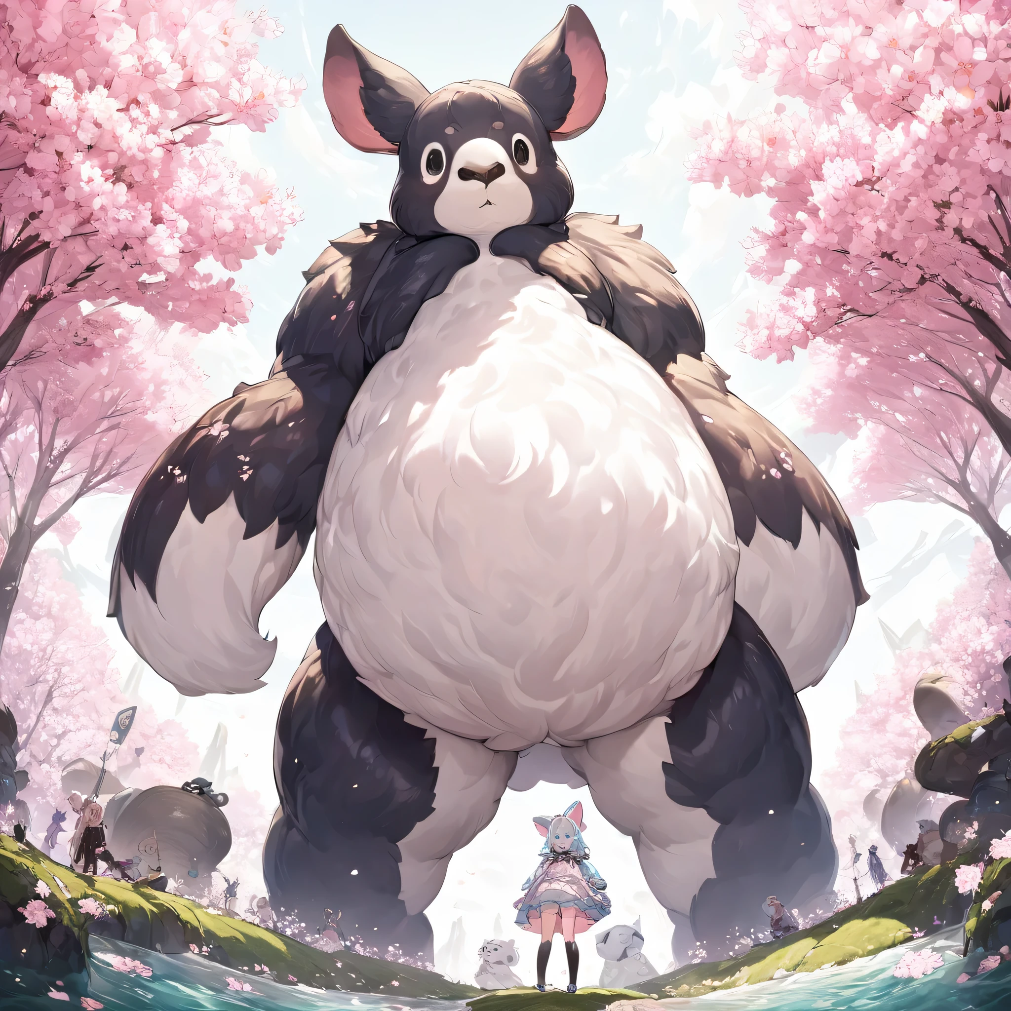 giant creature, fantasy world, Adorable animal fictional giant character, Creatures with pastel colored hair, fluffy, fluffy, round eyes, Cherry blossom trees in full bloom, giant creatureの足元にいる女の子を下から, (masterpiece), (highest quality), (Ultra high detail), intricate details, texture with intricate details