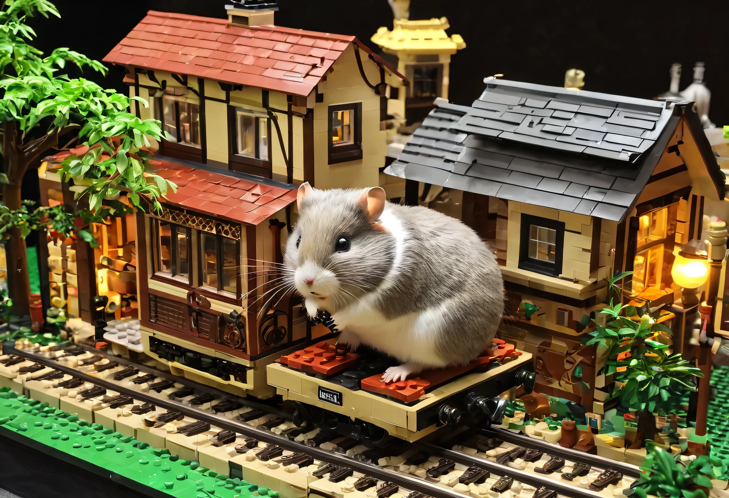 Giant hamsterがミニチュアの街で暴れ回る,trainを持ち上げるハムスター,Giant hamster:cute:fluffy:超cute:big size,diorama:line:train,ultra joyful,Happy,happiness,destroy and play,Lego,dioramaとハムスター,masterpiece,最高masterpiece,A wonderful photo that makes the viewer feel Happy,anatomically correct,structurally correct,cool lighting,perfect composition,Optimal configuration,rich colors,Cast colorful spells,intricate details,In detail,fantasy,reality,fluffyなハムスター,最高にcuteハムスター,wonderful