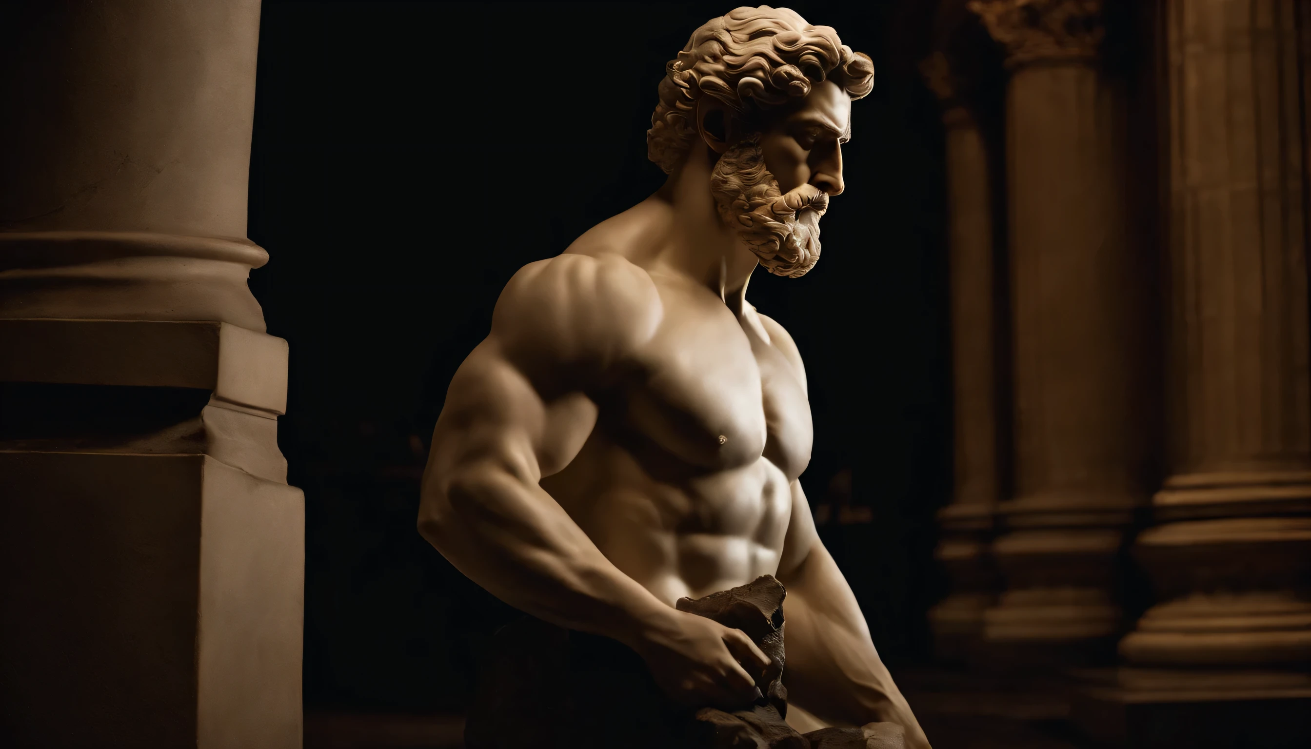 A white marble statue of a muscle, Bearded man with a stern look in a dark square at night, in the style of photographers Annie Leibovitz and Peter Lindbergh.