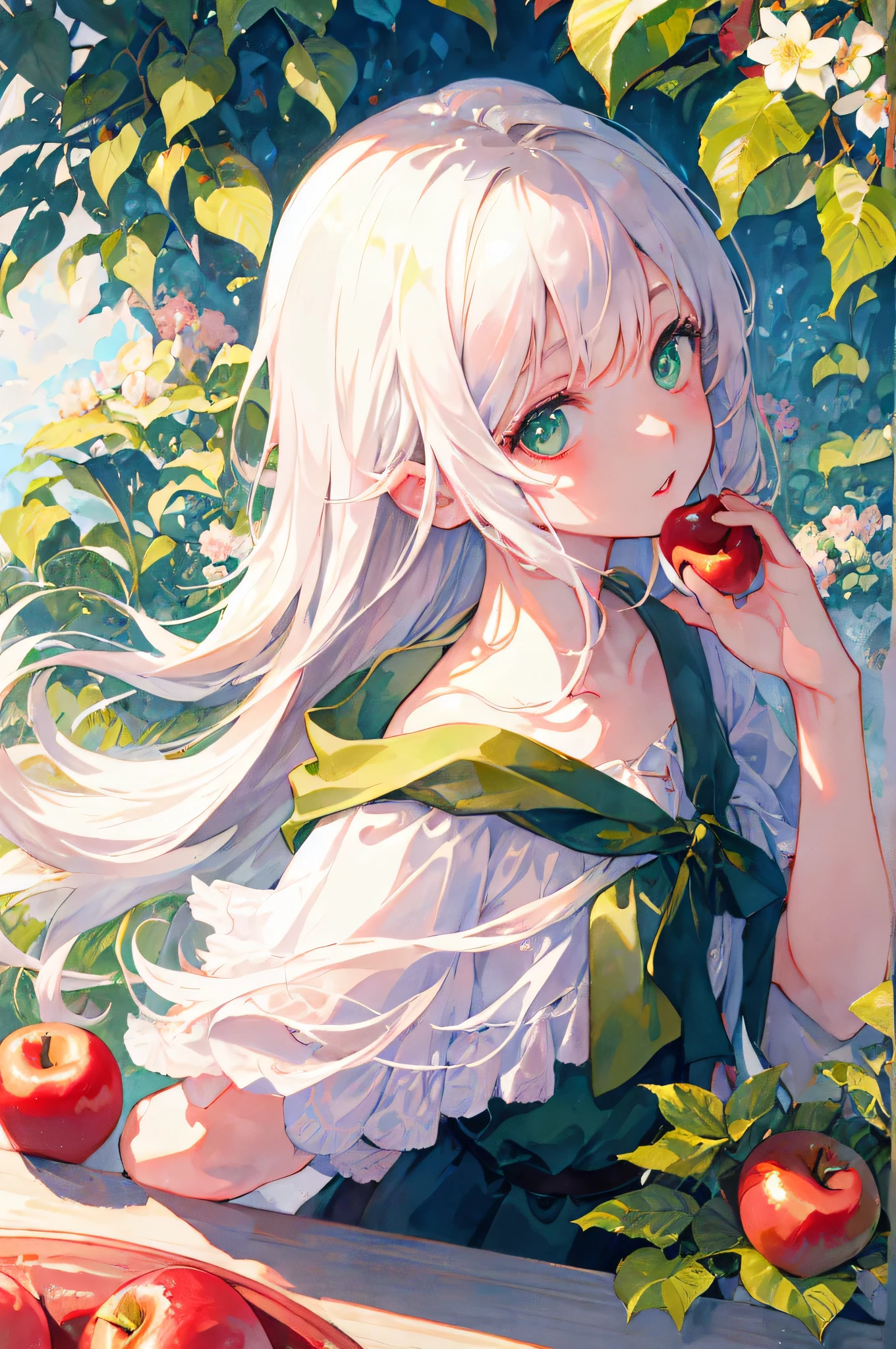 masterpiece, best quality, illustration, watercolor, flat color, 1girl, close-up, straight-on, looking at viewer, detailed medium white hair, green eyes, parted lips, have an apple, pink backhind
