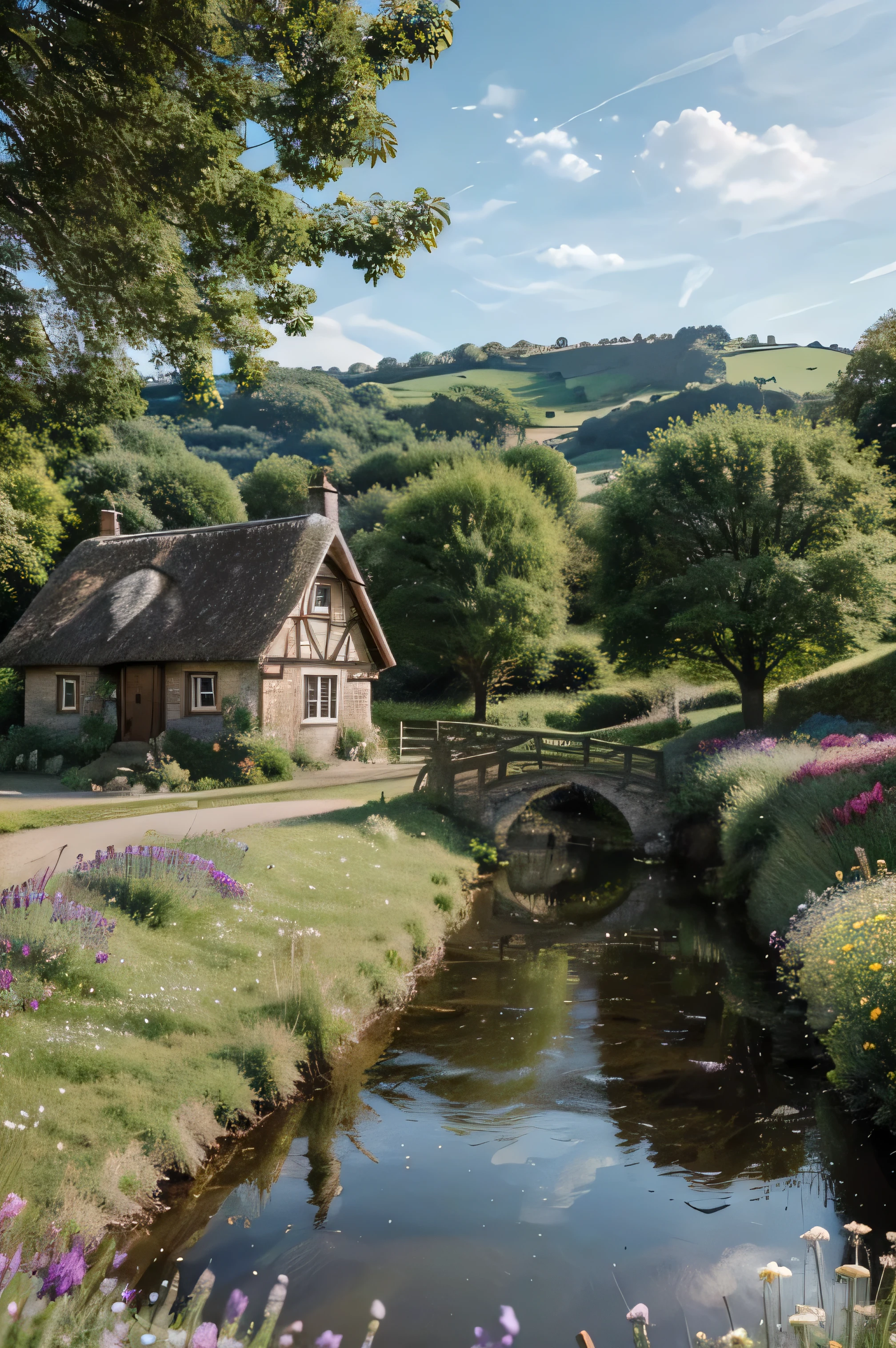 A picturesque rural landscape in England (realistic, highres), featuring rolling hills, charming cottages, and vibrant green meadows (vivid colors, HDR). The scene is illuminated by warm sunlight, casting gentle shadows and creating a peaceful atmosphere. There is a meandering river (ultra-detailed) flowing through the countryside, reflecting the surrounding beauty. In the distance, a quaint village (detailed) with its stone houses and thatched roofs comes into view.
On the riverbank, a graceful swan glides across the water (beautiful detailed). Its pure white feathers catch the sunlight and leave a trail of ripples behind. Nearby, a flock of sheep (detailed) grazes lazily in the meadow, their fluffy wool swaying with the breeze. A wooden bridge (detailed) spans across the river, inviting you to explore further.
In the foreground, a couple (detailed) takes a leisurely stroll along a cobblestone path (detailed). The woman wears a flowing summer dress, twirling in the gentle wind. The man, in classic English fashion, dons a tweed jacket and a flat cap. They walk hand in hand, enjoying the serenity of the countryside.
As you admire the scene, you notice a patch of colorful wildflowers (detailed) in full bloom, creating a vibrant tapestry. The air is filled with the sweet fragrance of lavender, roses, and freshly cut grass.
The overall aesthetic of this artwork can be described as a mix of landscape painting and photography, capturing the beauty of the English countryside with exquisite detail. The colors are rich and vibrant, and every element in the scene is rendered with utmost precision (physically-based rendering, extreme detail description). The lighting is soft and natural, emphasizing the tranquility and harmony of the environment (studio lighting).
In summary, this Stable Diffusion prompt depicts a picturesque rural landscape in England, showcasing the charm and natural beauty of the countryside. The scene features rolling hills, a river, charming cottages