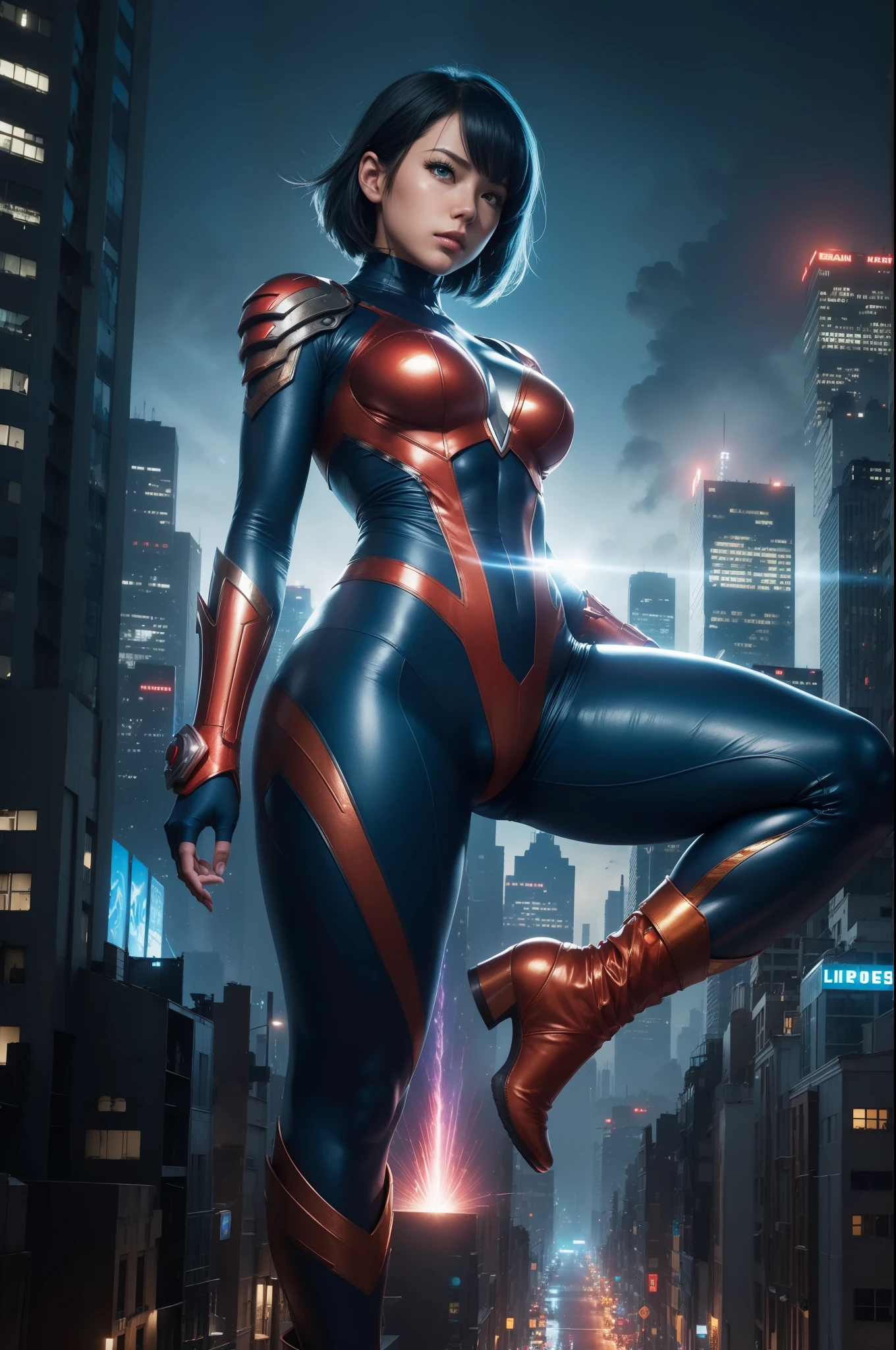 (Giantess:1.4), Global Trade Authority City, night, in destroyed city, skyscraper, fighting, rampage, aerial view, (GTS:1.2), (Full body photo:1.2), (a beautiful Ultrawoman fighting in a city, She is fighting a giant monster, Giant Creature), highly detailed giantess shot, giantess art, giantess, extremely detailed giantess shot, giantess shot, giant Ultrawoman, full details Ultraman suit, short bright blue disheveled hair, glow hair, destroyed city as background, digital art, highly detailed, fine detail, intricate, beautiful detailed glow, detailed, Cinematic light, highres, sharp focus, smooth, aesthetic,