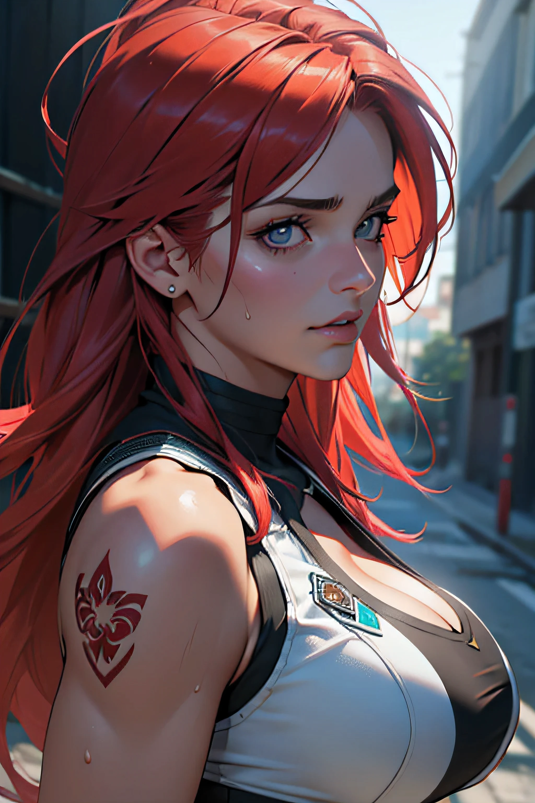 mommy, MILF, mulher madura, punk, rua, peituda, peitos enormes, Seios enormes, suando, cabelo vermelho, Cabelos Longos, hentai, Alto detalhe, symmetrical, alta qualidade, natural lighting, textura da pele, Absurdo, high resolution, ultra-afiado, 8K, Parte Mestre, extreme attention to detail, rosto perfeito,Realista, (Parte Mestre, qualidade superior, melhor qualidade, arte oficial,) Muito detalhado, Mais Detalhado, (1mulher:1.3)