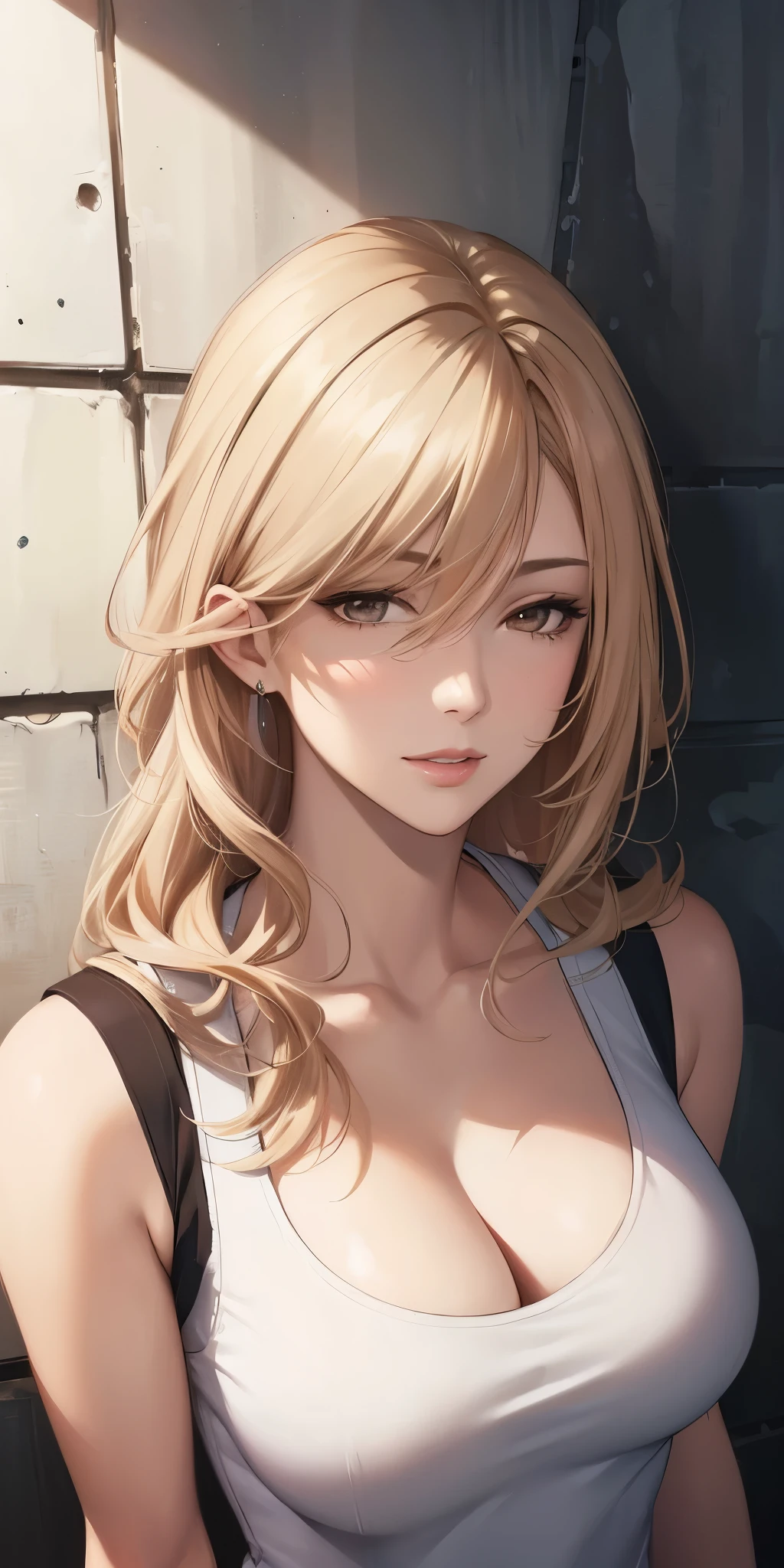 portrait, elegant mature woman, beautiful brown eyes, long straight hair, swept-side bang, [[brown hair]], blonde hair, big breast, tank top, high resolution 8k, beautiful cg