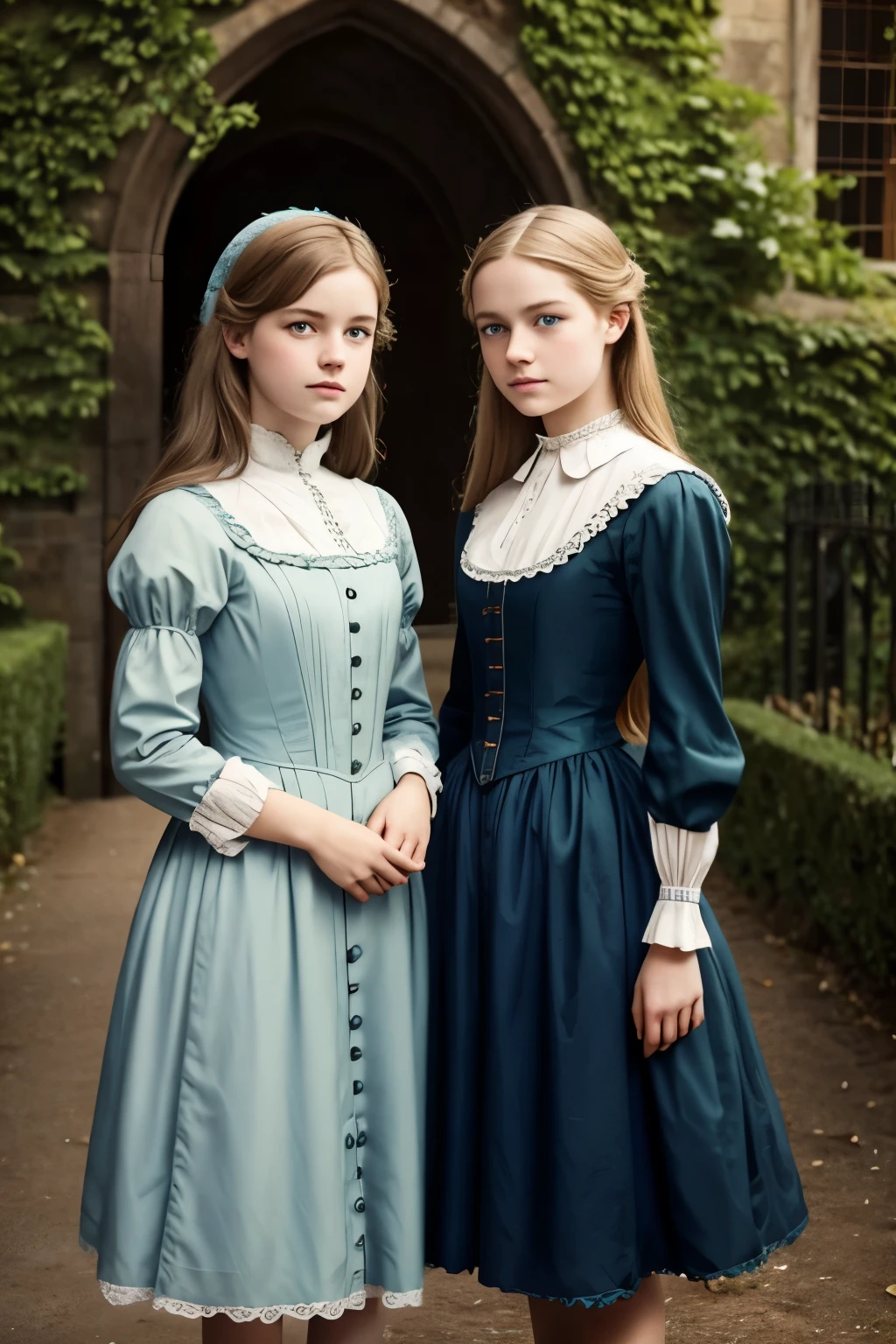 two girls, (Virginia Otis, 15 years old (blond hair, blue eyes)) pose with (16 years old Georgie Gerald (blond hair, green eyes)). Victorian style. thin, cute face, walks at night in Canterville Castle (inspired by the novel The Canterville Ghost). aged 1887, Victorian dark fantasy