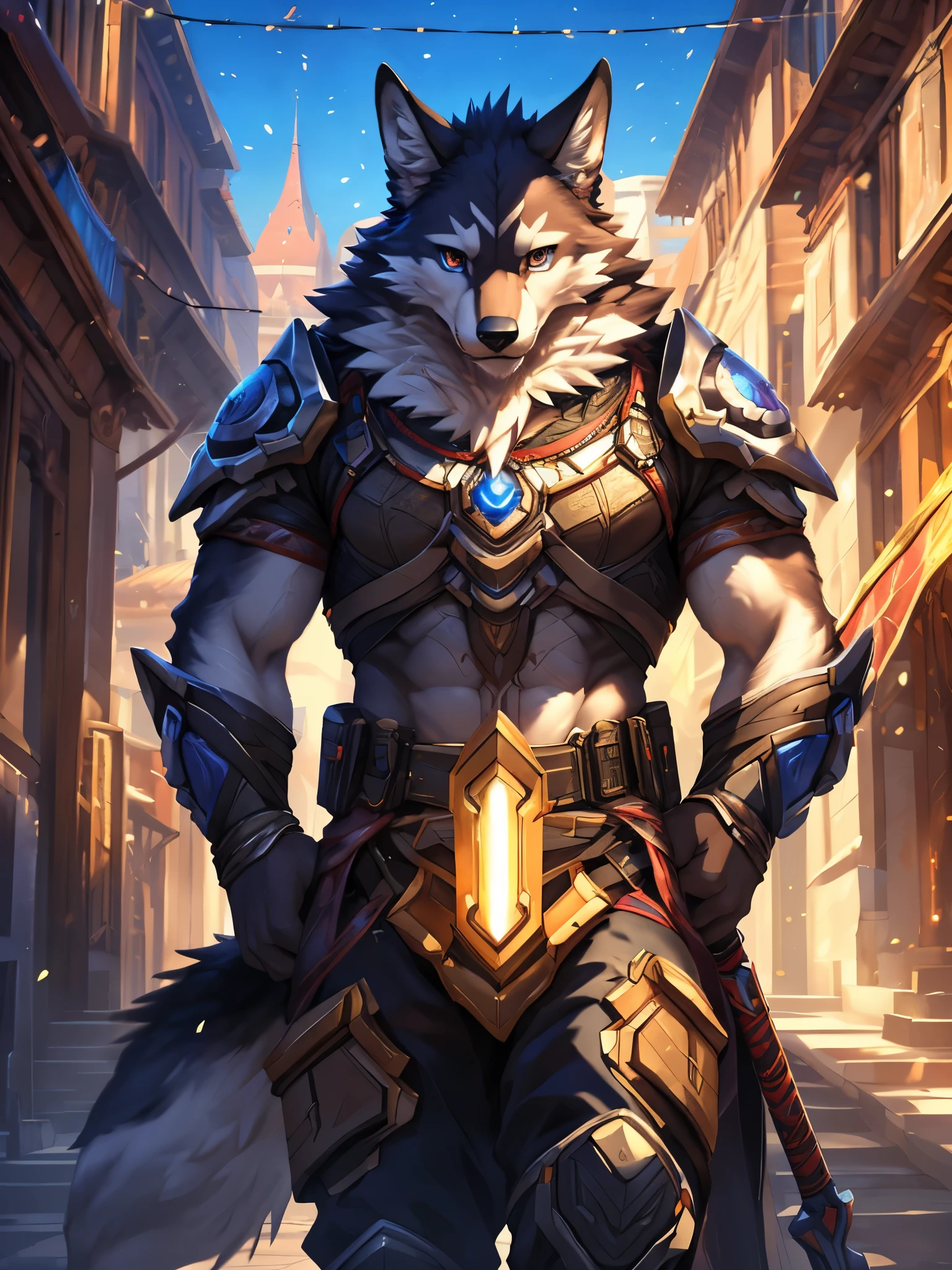 male wolf, full body covered in fluffy fur, , large muscular chest, volumetric abdomen, day, sensual, detailed, uploaded to e621, beautiful and detailed portrait of an anthropomorphic gray wolf (((male))) subtract, ross tran, ruanjia , uploaded to e621, zaush, fox, Film lighting, moon lights, glowing eyes, Gray Skin, he is wearing brown color medieval time pants 