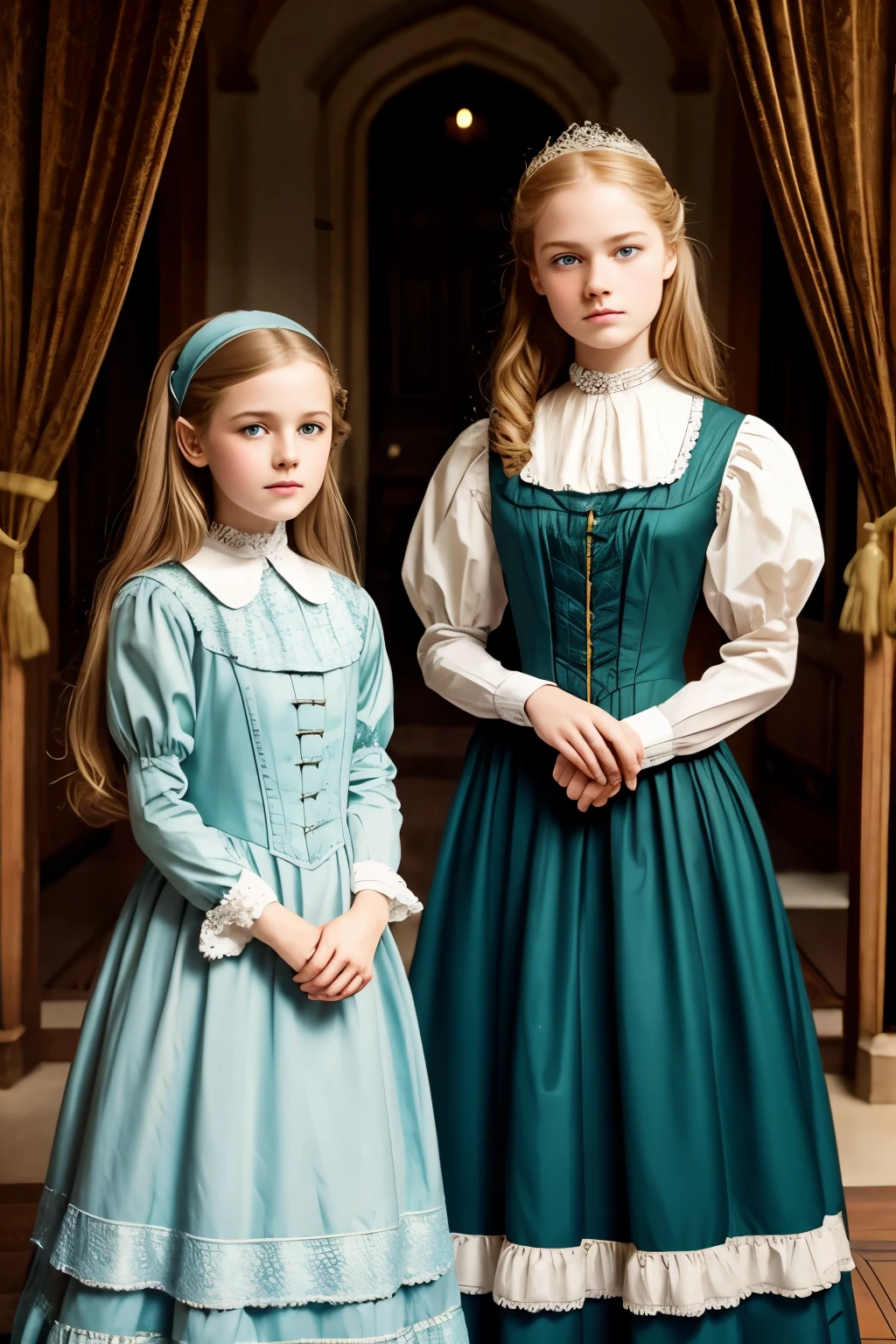 
two girls, (Virginia Otis, 15 years old (blond hair, blue eyes)) pose with (************ Georgie Gerald (blond hair, green eyes)). Victorian style. thin, cute face, walks at night in Canterville Castle (inspired by the novel The Canterville Ghost). aged 1887, Victorian dark fantasy