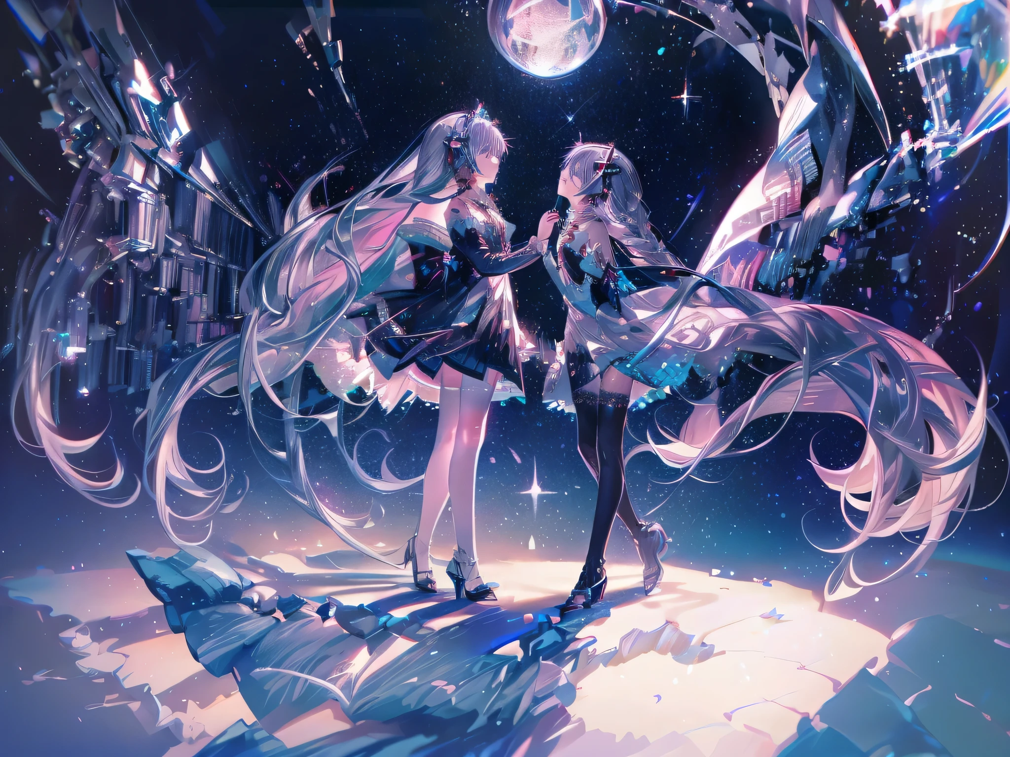 masterpiece，super high quality，holy，beautiful，Romantic，I can&#39;t imagine how beautiful this is，two girls，stand，Black and white lace skirt，starlight，Silver，Stellar debris，shining stars，Sense of collapse，light and shadow，Aesthetic，dreamlike scene，world