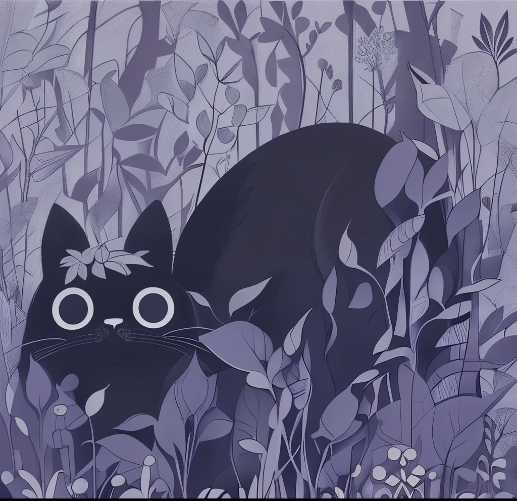 there is a black cat that is sitting in the grass, cat in the forest, cats and plants, purple cat, giant eyes in the grass, illustration of a cat, by Kamisaka Sekka, amongst foliage, totoro sitting in a forest, hiding in grass, by Maki Haku, moody :: studio ghibli, cat from the void, neko