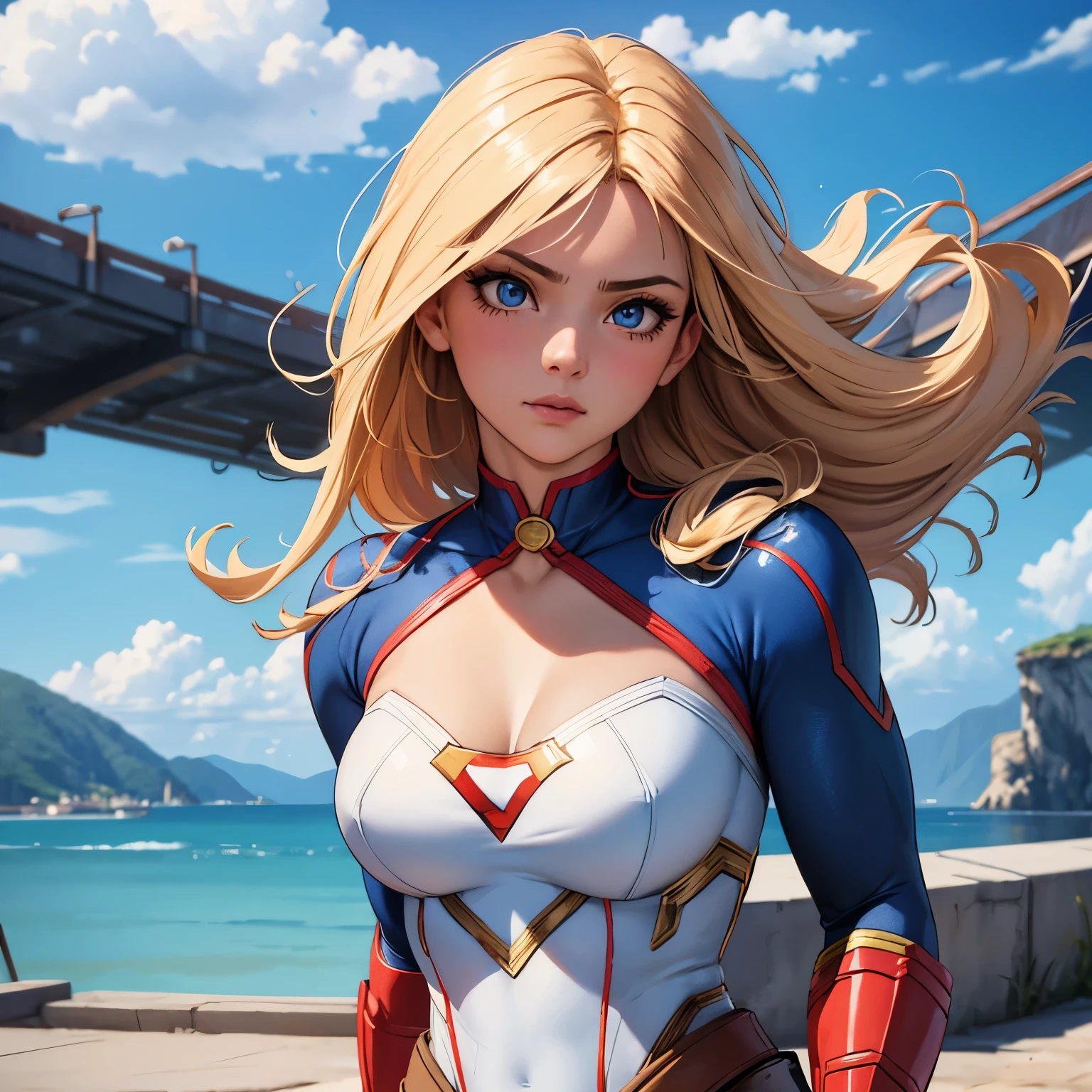 best quality, ultra-detailed, masterpiece, fine details, high res, 8k wallpaper, best quality, highres, cowboy shot, supergirl, spaghetti strap top, dynamic action, flying, doing superhero stuff, superhero, beautiful girl, woman, solo, fly, sky, cloudy sky, (cute:1.3), realistic, (cute), (detailed face), detailed eyes, detailed iris, detailed skin, masterpiece, professional photoshoot, perfect face, spaghetti strap top