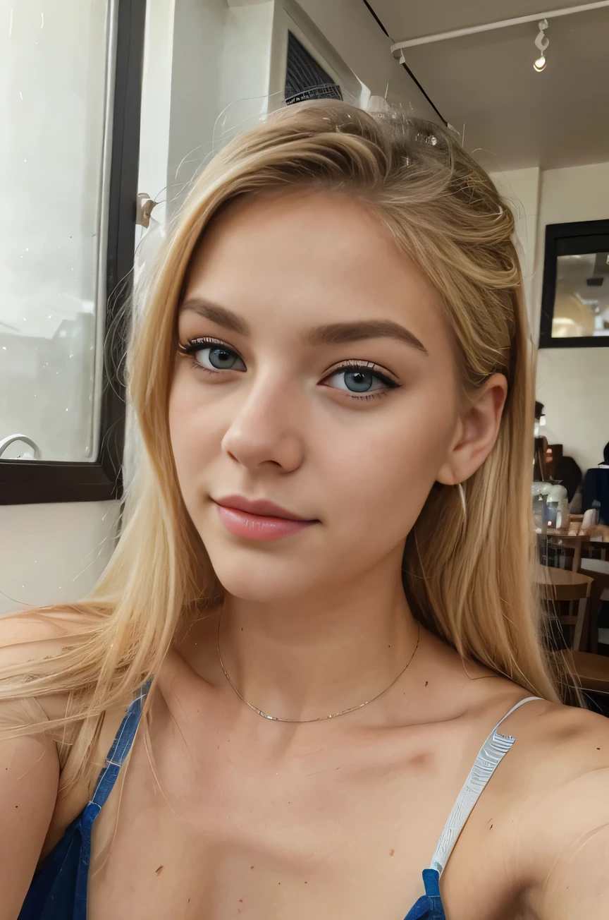 Photo of a 20-year-old blonde., he has a very natural face, thin lips, blue(blue) eyes, Thin eyebrows, thin nose, earrings, long eyelashes. She takes a cute selfie in a cafe