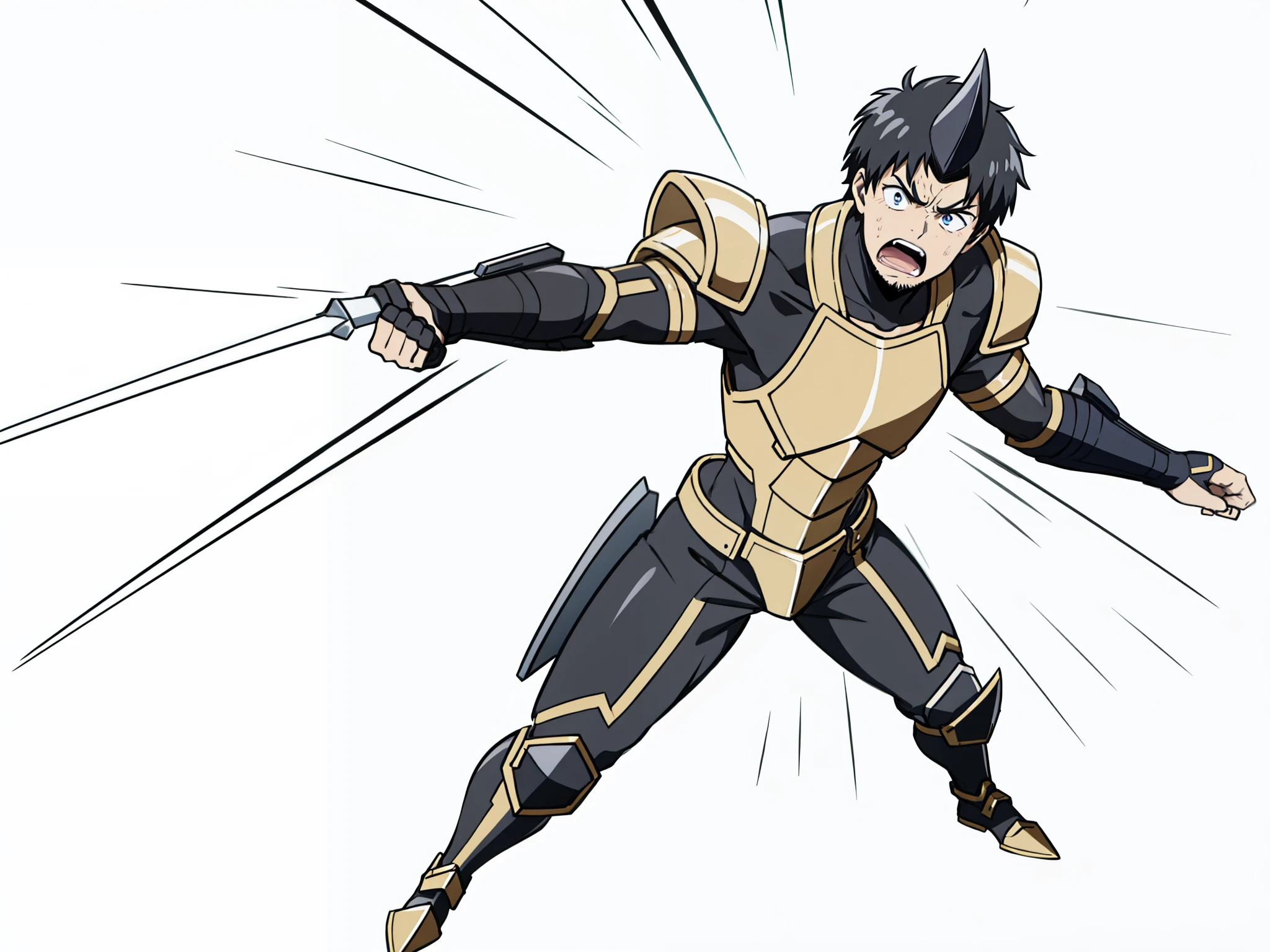 1boy,20 years old,solo,black horn,short hair,black hair,goatee,(golden armor),(white background,line drawing),angry,action pose,open mouth,attacking,reaching out,leaning forward,