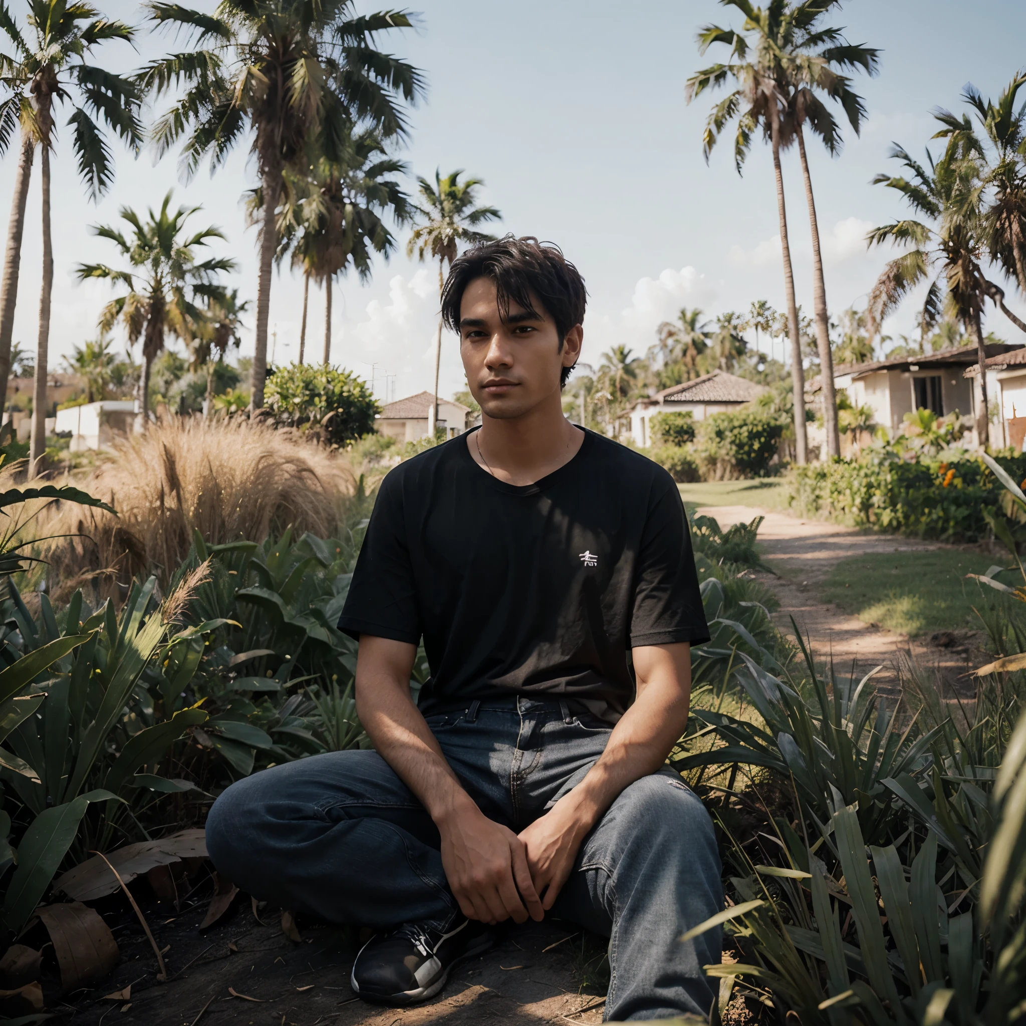 A person with his face obscured, wearing a black t-shirt and jeans, sitting amidst tall grass with palm trees in the background.