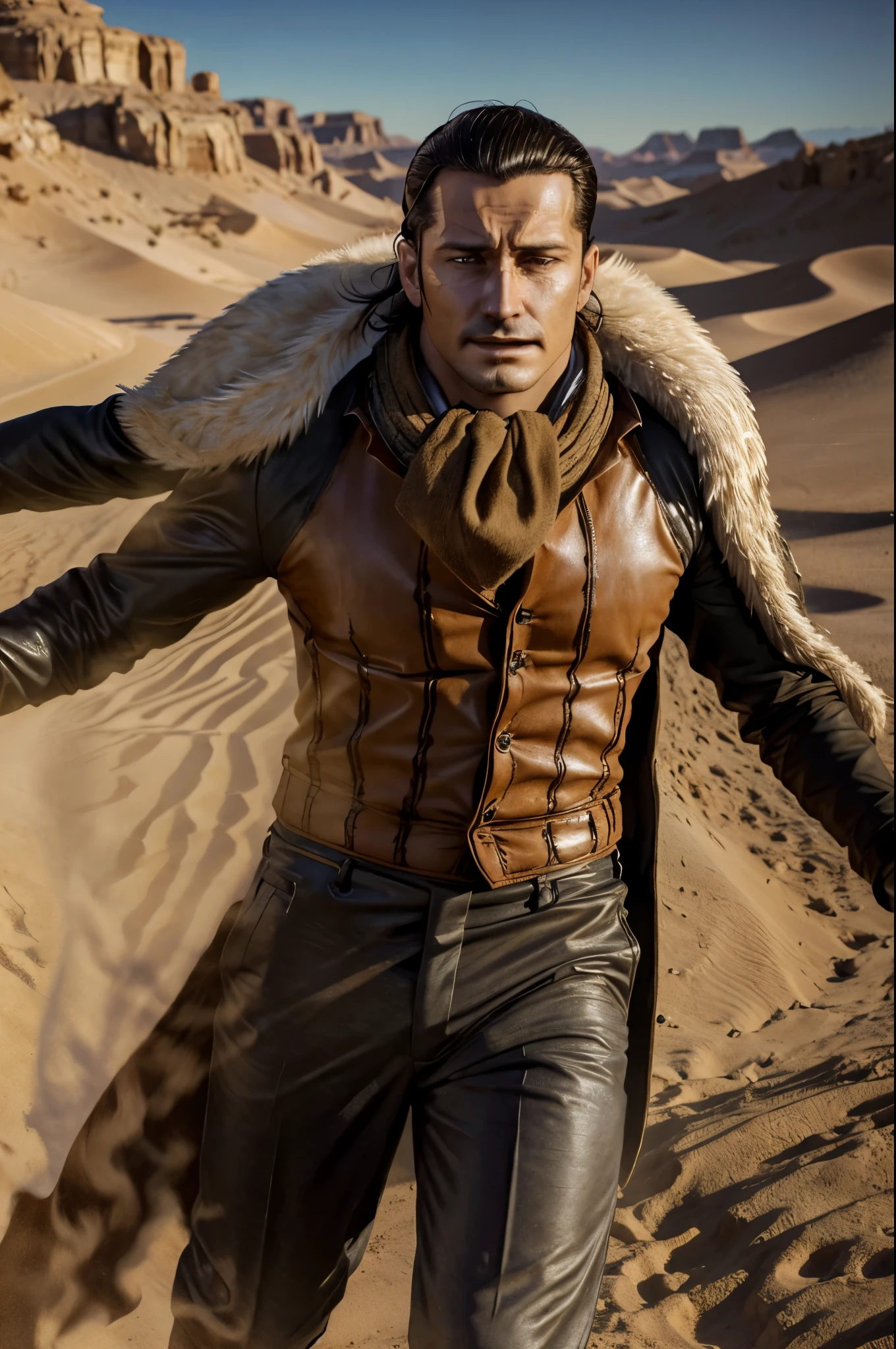 masterpiece, best quality, extremely detailed, hyperrealistic, photorealistic, a cool 40s man, ultra detailed face:1.2, fur-trimmed coat, scarf around the neck, desert, running pose:1.2