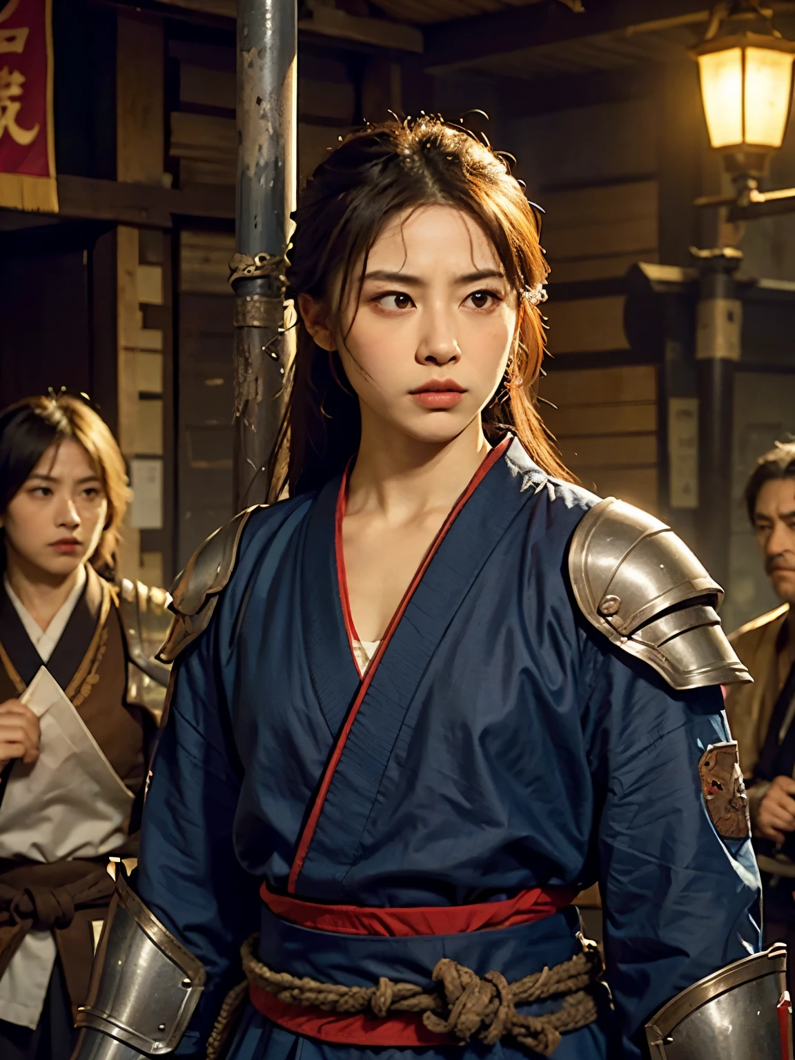 c4ttitude, samurai, vigilant, Yeux en amande, furrowed brow, fourrure lisse, guerrier, disciplined, focused, Armored kimono, Guarded cover, acier, pattes griffues, Katana, feudal Japan, rue, honorer, duel, Confrontation scene,