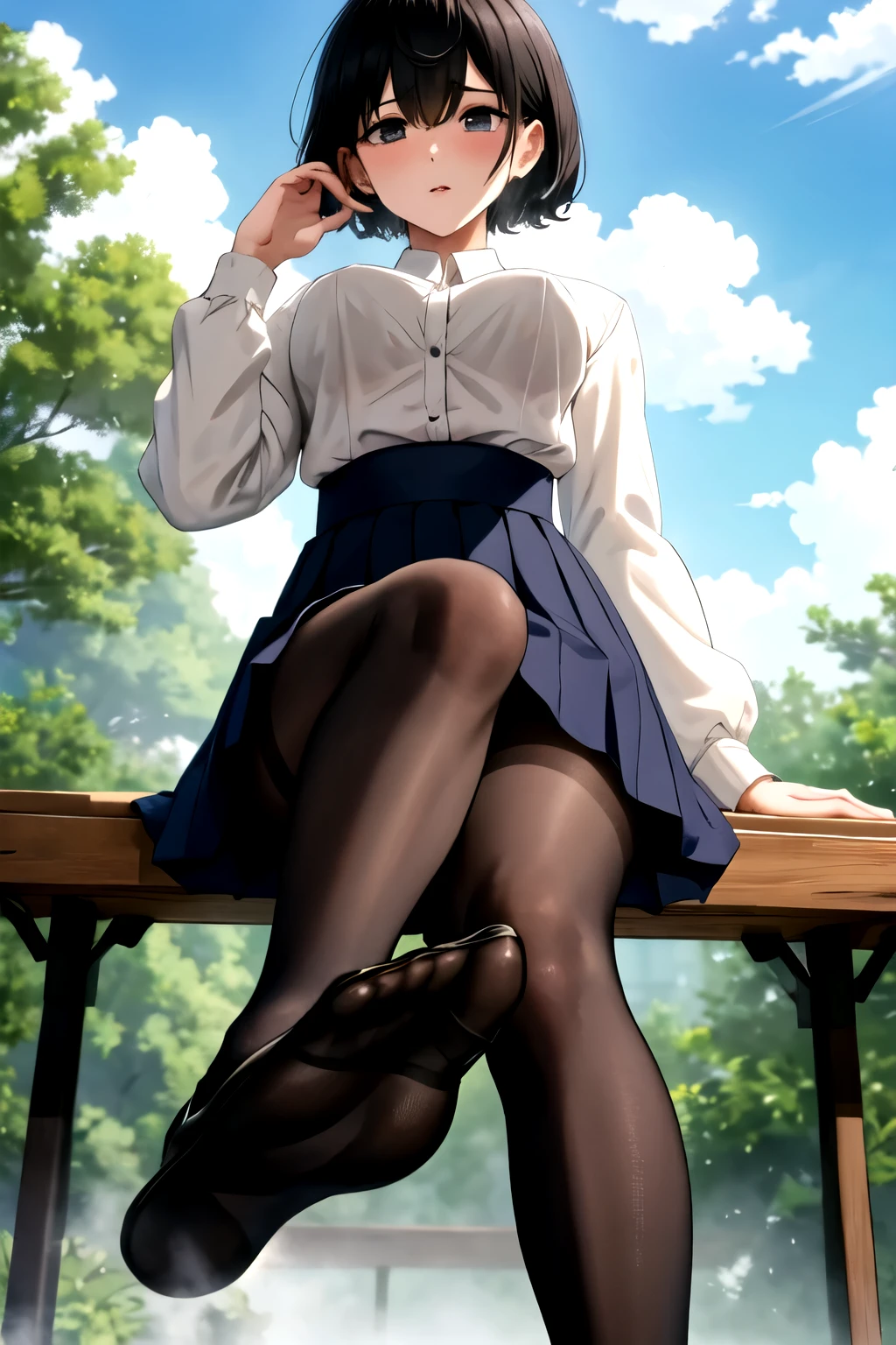 masterpiece, highest quality, High resolution, short hair, (Jersey:1.2), button, long sleeve, ,high waist skirt, black pantyhose, bench, outdoors, sitting, loafers,Stuffy and steamy feet、Take off your shoes and show the soles of your feet、sweaty、humid、Steam comes out from my feet、Images of people who like foot fetish、真夏でhumid、sweat profusely、My shoes are soaked with sweat, so I take them off on just one foot.、