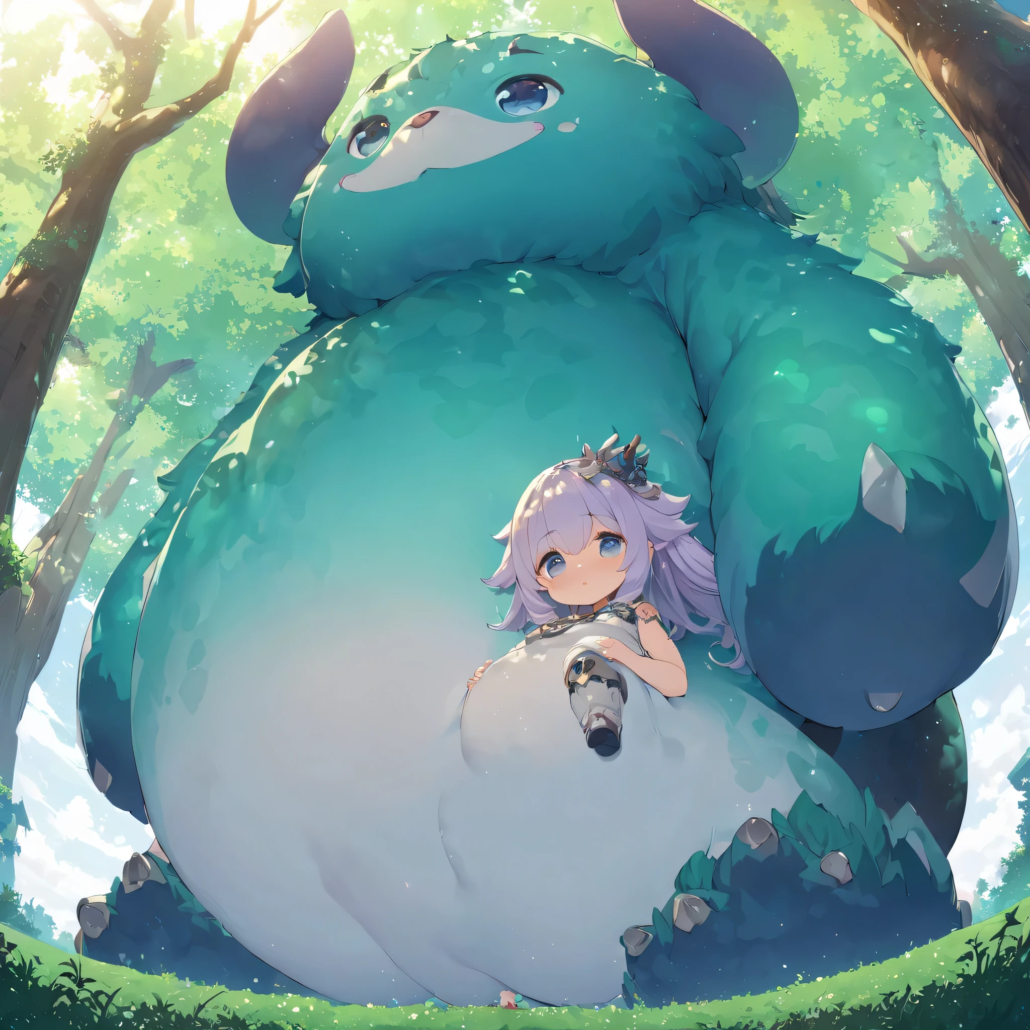 giant creature, fantasy world view, Adorable animal fictional giant character, Creatures with pastel colored hair, fluffy, Plump, round eyes, In a lush green meadow with a clear stream, Girl from below, giant creatureの足元に, (masterpiece), (highest quality), (Ultra high detail), intricate details, texture with intricate details