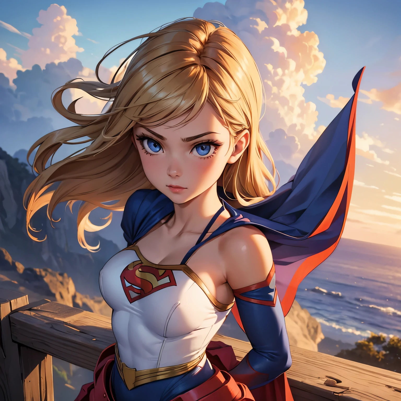 best quality, ultra-detailed, masterpiece, fine details, high res, 8k wallpaper, best quality, highres, cowboy shot, supergirl, spaghetti strap top, dynamic action, flying, doing superhero stuff, superhero, beautiful girl, woman, solo, fly, sky, cloudy sky, (cute:1.3), realistic, (cute), (detailed face), detailed eyes, detailed iris, detailed skin, masterpiece, professional photoshoot, perfect face, spaghetti strap top