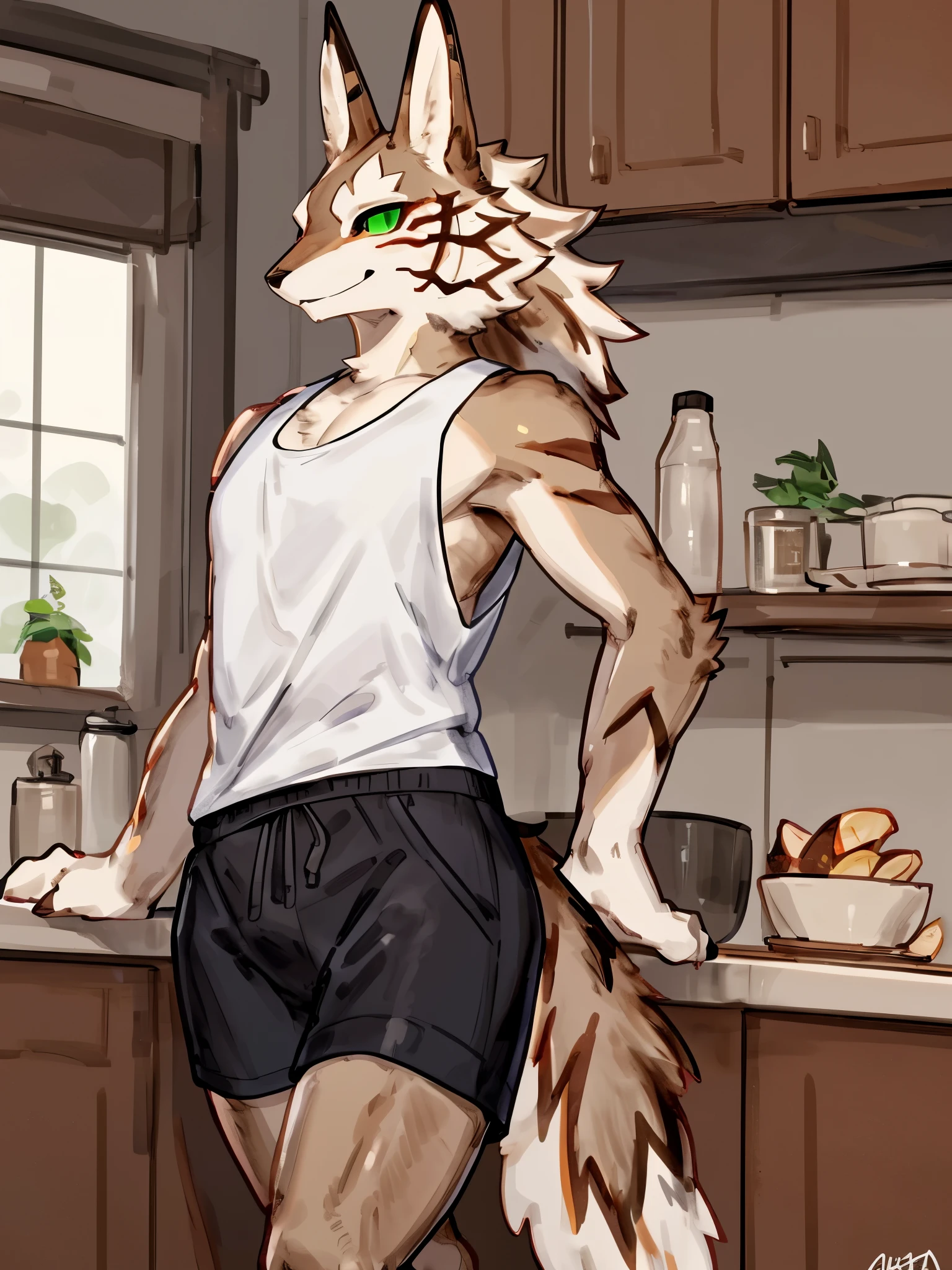 ((best quality, masterpiece, detailed eyes, perfect anatomy, by Buta99, by Bebebebebe)) Jackal, Seth, (Tokyo Afterschool Summoner), 1male, smile, brown furs, ponytail hairstyles, tail, black slit pupils, green sclera, skinny muscle body, tank top, shorts, sandal, in the kitchen room, making omelet 