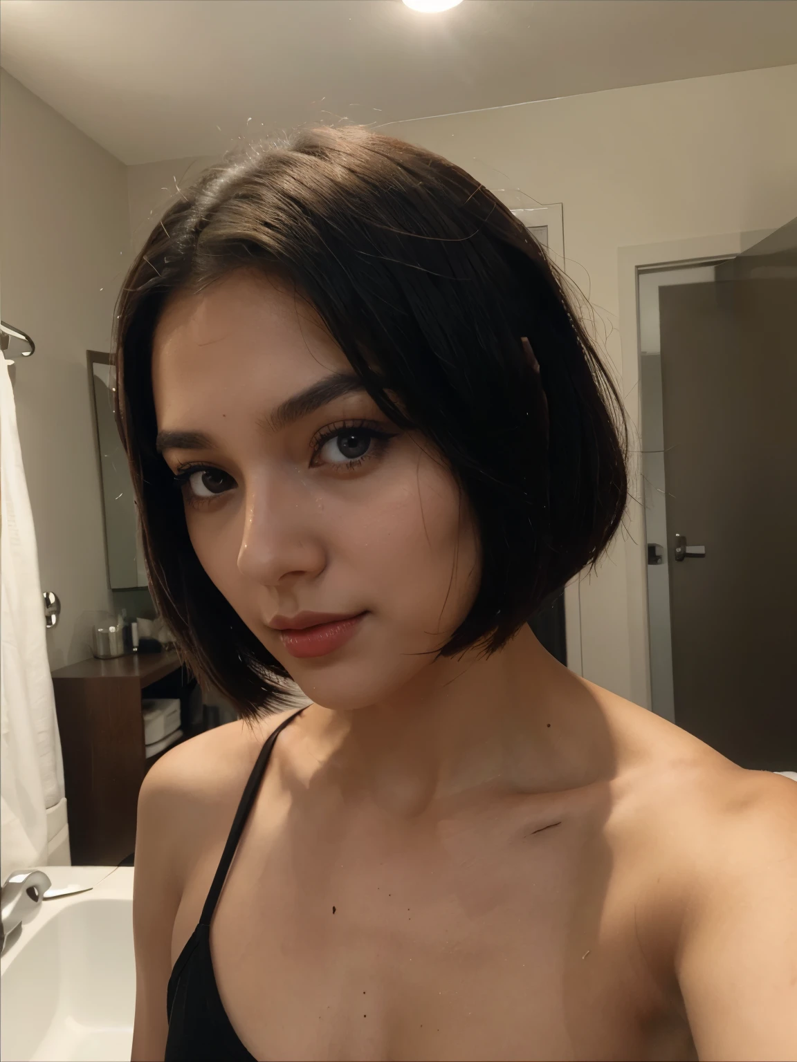 girl, young, young face, black bra, black undies, breast A, short hair