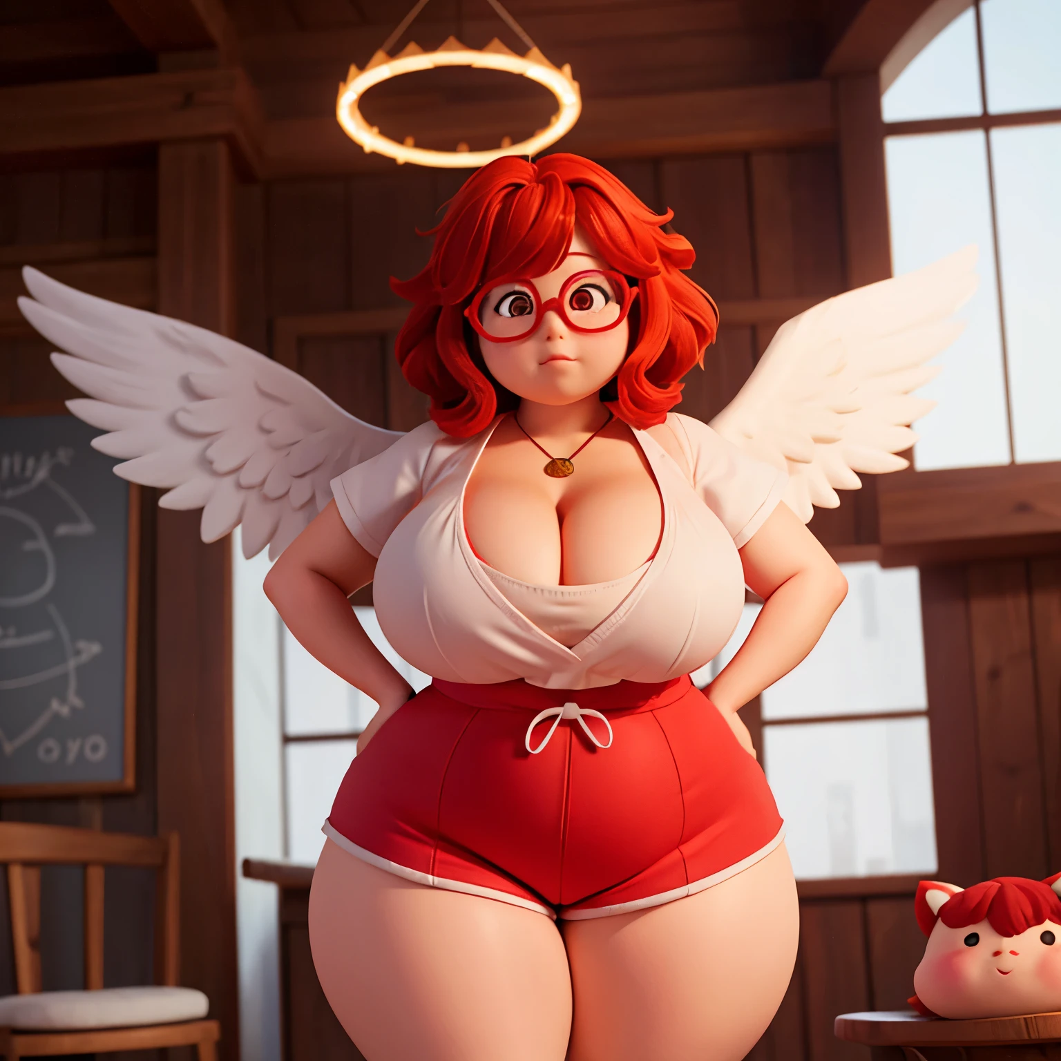 chubby, woman, thick waist, large chest, red hair, messy hair, glowing red halo on head, red eyes, angel wings, glasses, white short shorts, white vest , white combat boots, fat, larger body, chubby face, face with blush, bent over, cleavage visable, boob window, cute, hot, thicc,