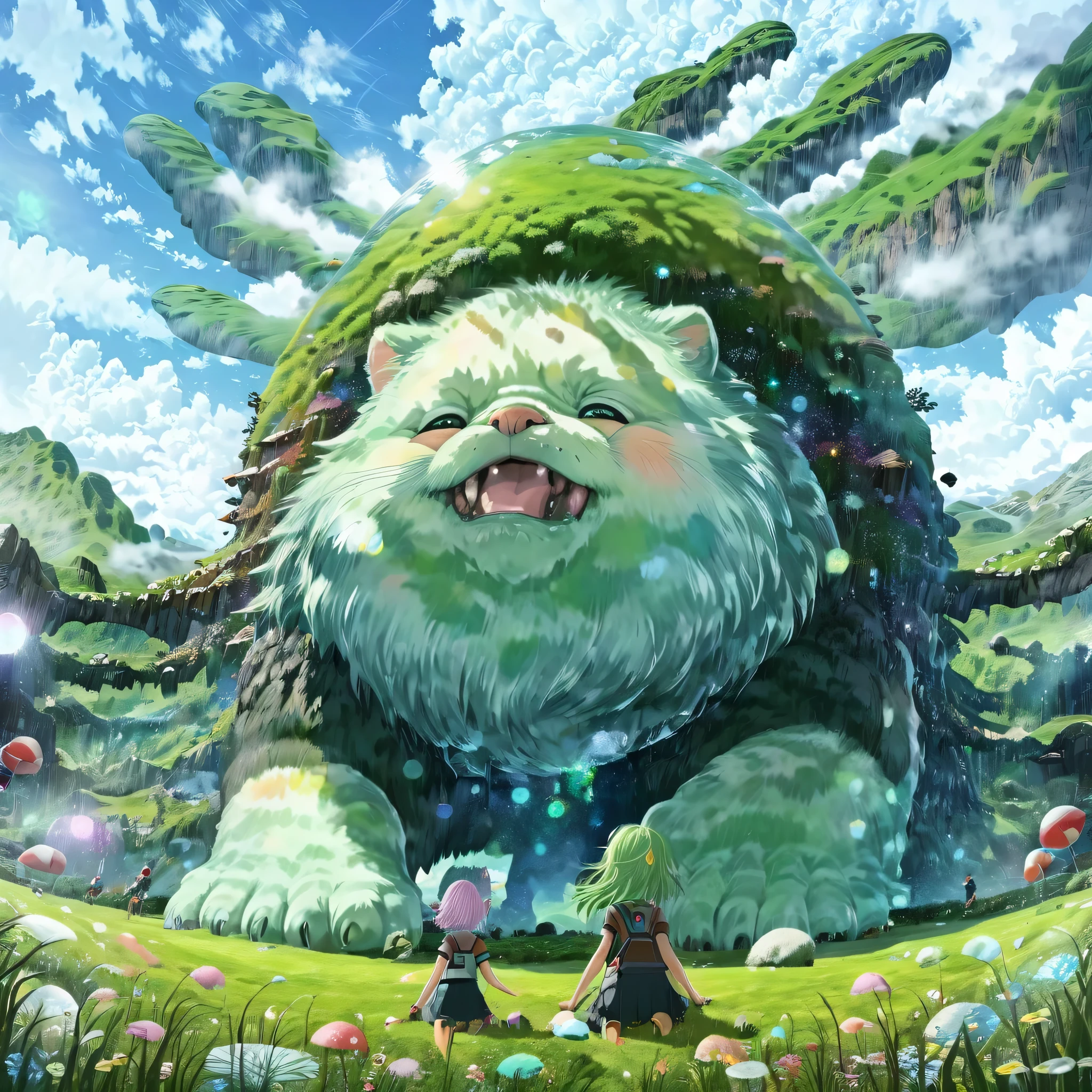 giant creature, fantasy world view, Adorable animal fictional giant character, Creatures with pastel colored hair, fluffy, Plump, round eyes, In a lush green meadow with a clear stream, Girl from below, giant creatureの足元に, (masterpiece), (highest quality), (Ultra high detail), intricate details, texture with intricate details