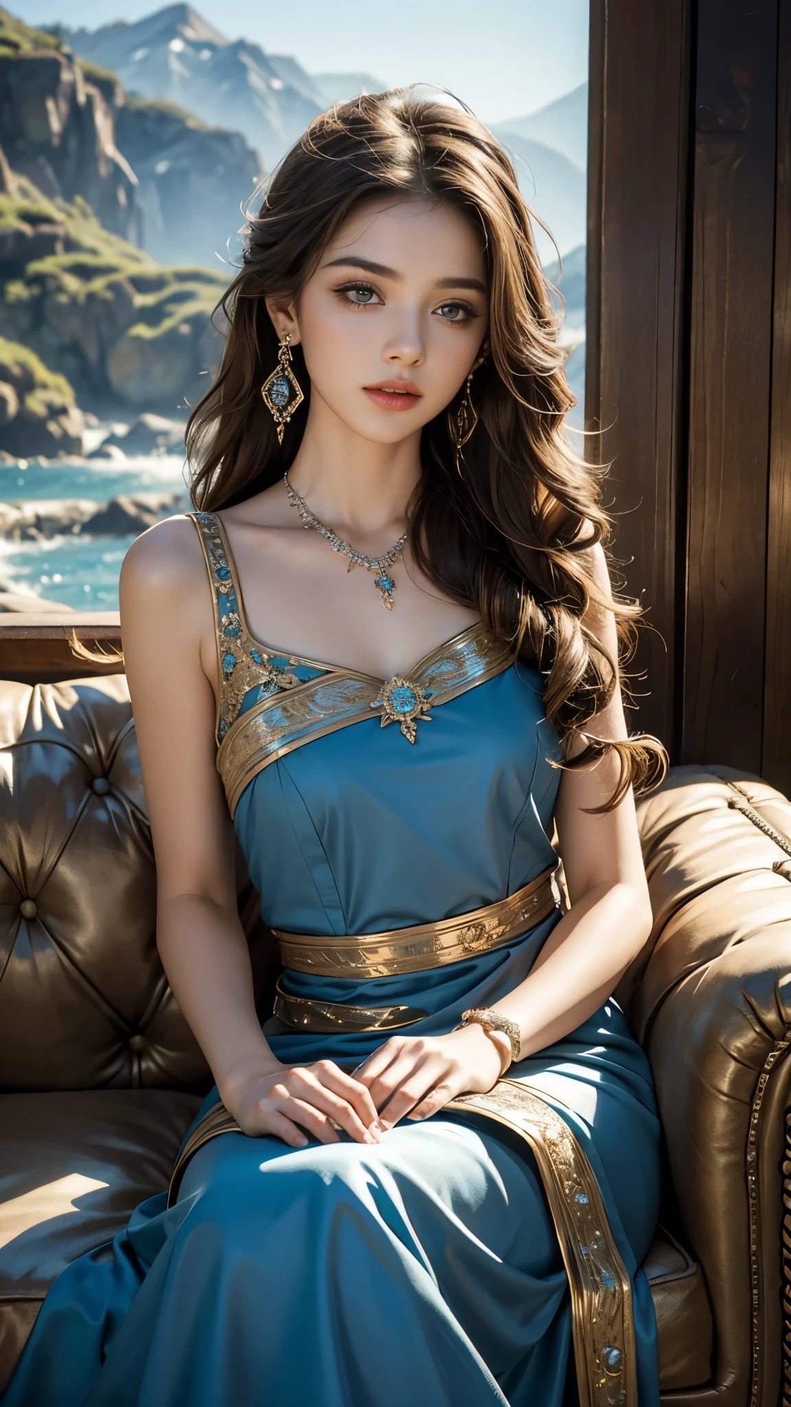 8K, ultra hd, masterpiece, best quality, a beautiful girl, long hair, impressive hairstyle, royal hair jewelry, jewellery earrings, antique jewellery, details eyes, beautiful eyes, meticulous makeup, thin eyebrows, beautiful lips, small breasts, royal dress, blue dress, realistic colors, magic effect, epic scenery, epicness background, perfect body, sitting,