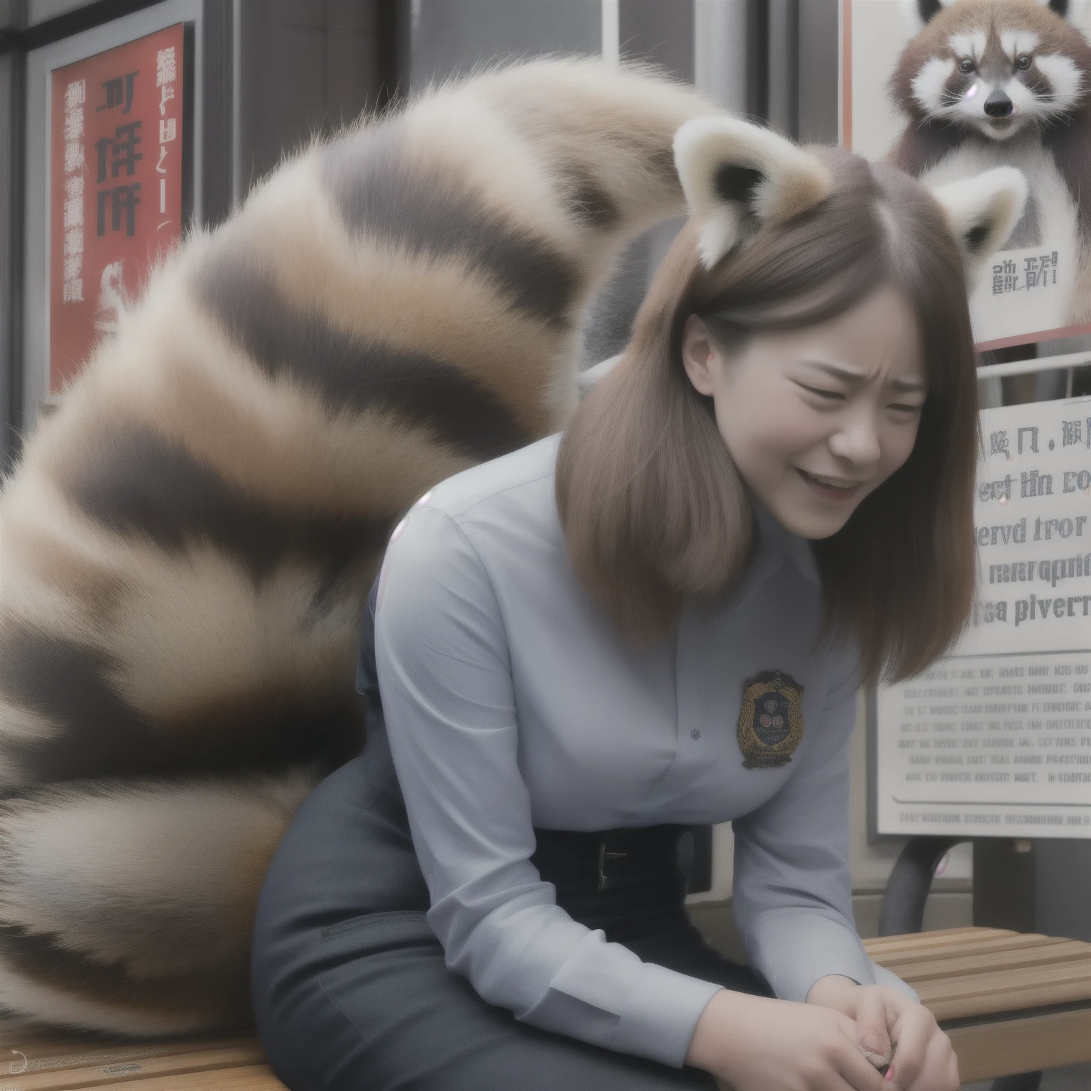 There is a woman sitting on a bench, Red Panda in Propaganda Poster, alex gross,, realistic, Super realistic, fur with tail, raccoon tail, crying face, photograph, highest quality