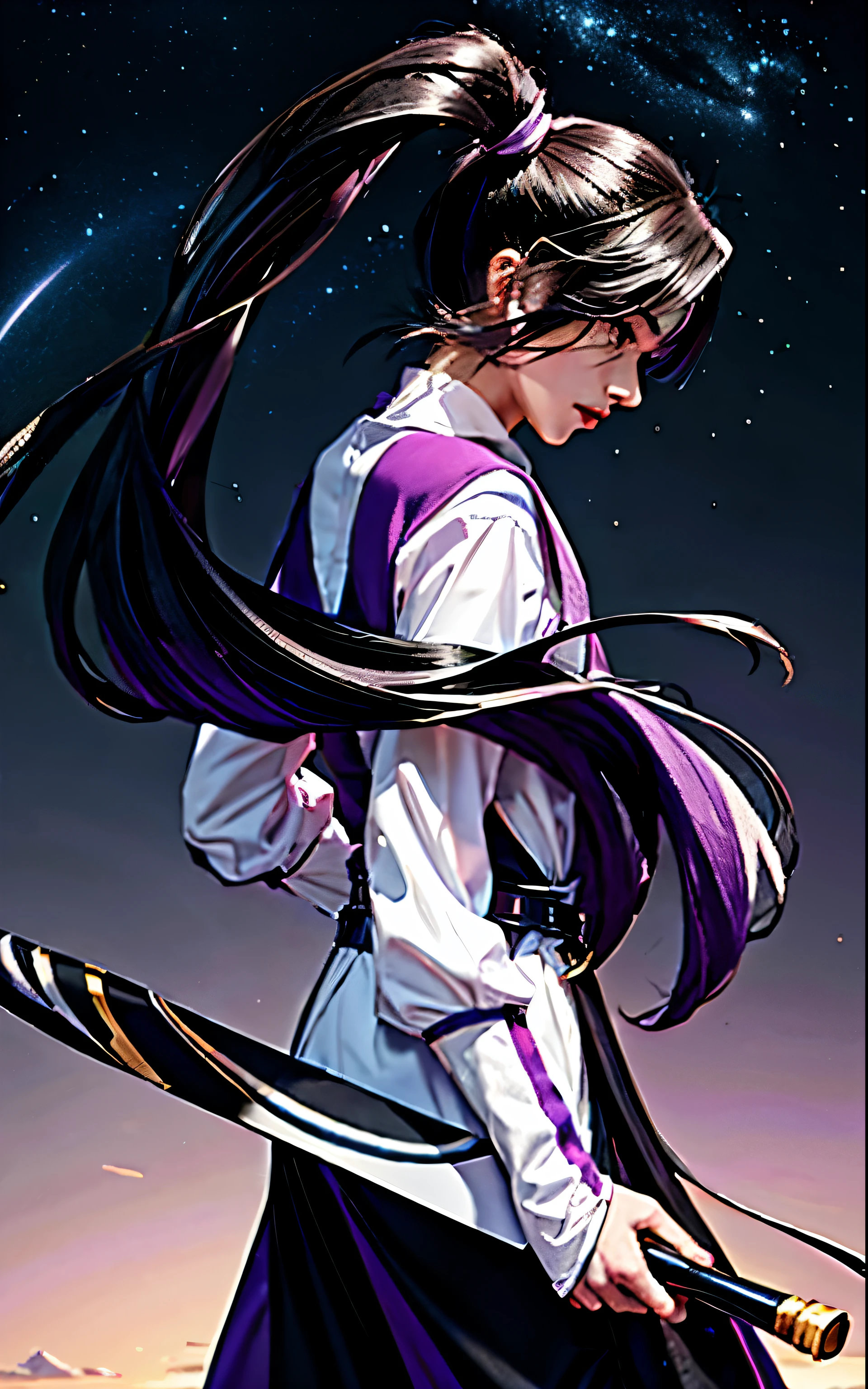 Purple and white gradient clothes，pure black hair 1.5，gray band，golden hilt 1.2，fair skin and beautiful appearance，masterpiece，best quality，2k，sky background，Beautiful anime characters