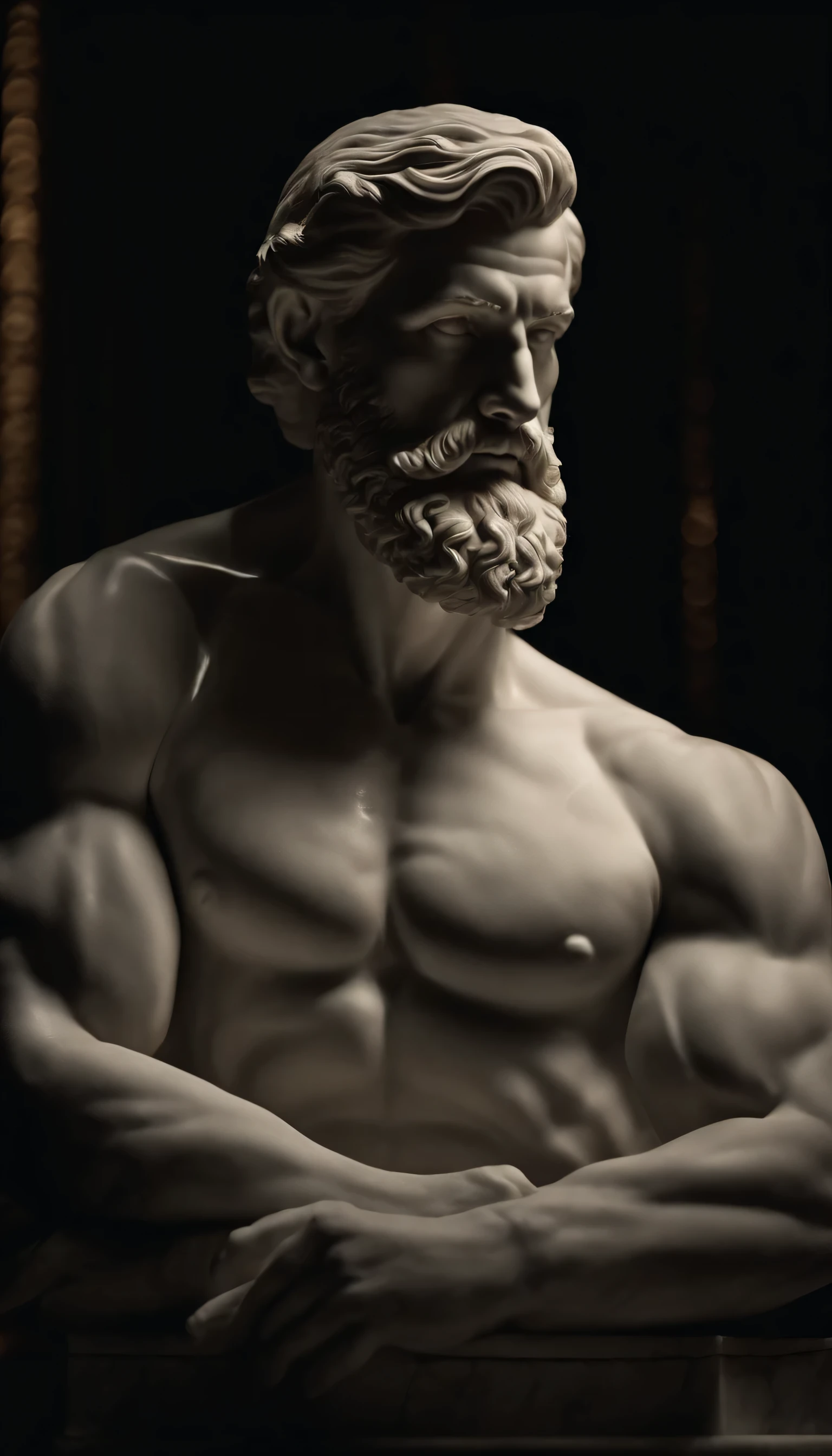 A white marble statue of a muscle, Bearded man with a stern look in a dark square at night, in the style of photographers Annie Leibovitz and Peter Lindbergh.