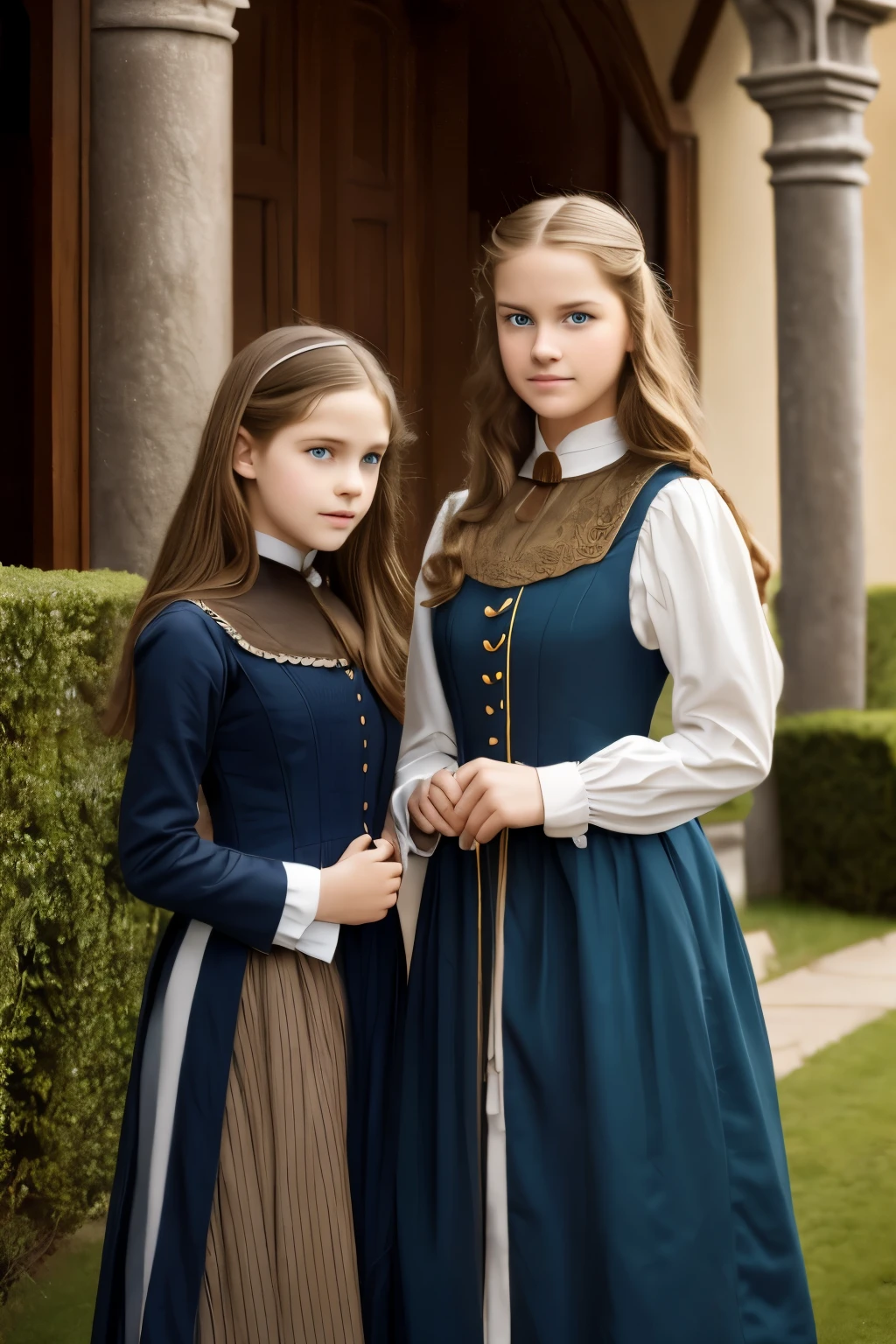 two girls, (Virginia Otis, 15 years old (blond hair, blue eyes)) pose with (16 years old Georgie Gerald (blond hair, green eyes)). Victorian style. thin, cute face, walks at night in Canterville Castle (inspired by the novel The Canterville Ghost). aged 1887, Victorian dark fantasy