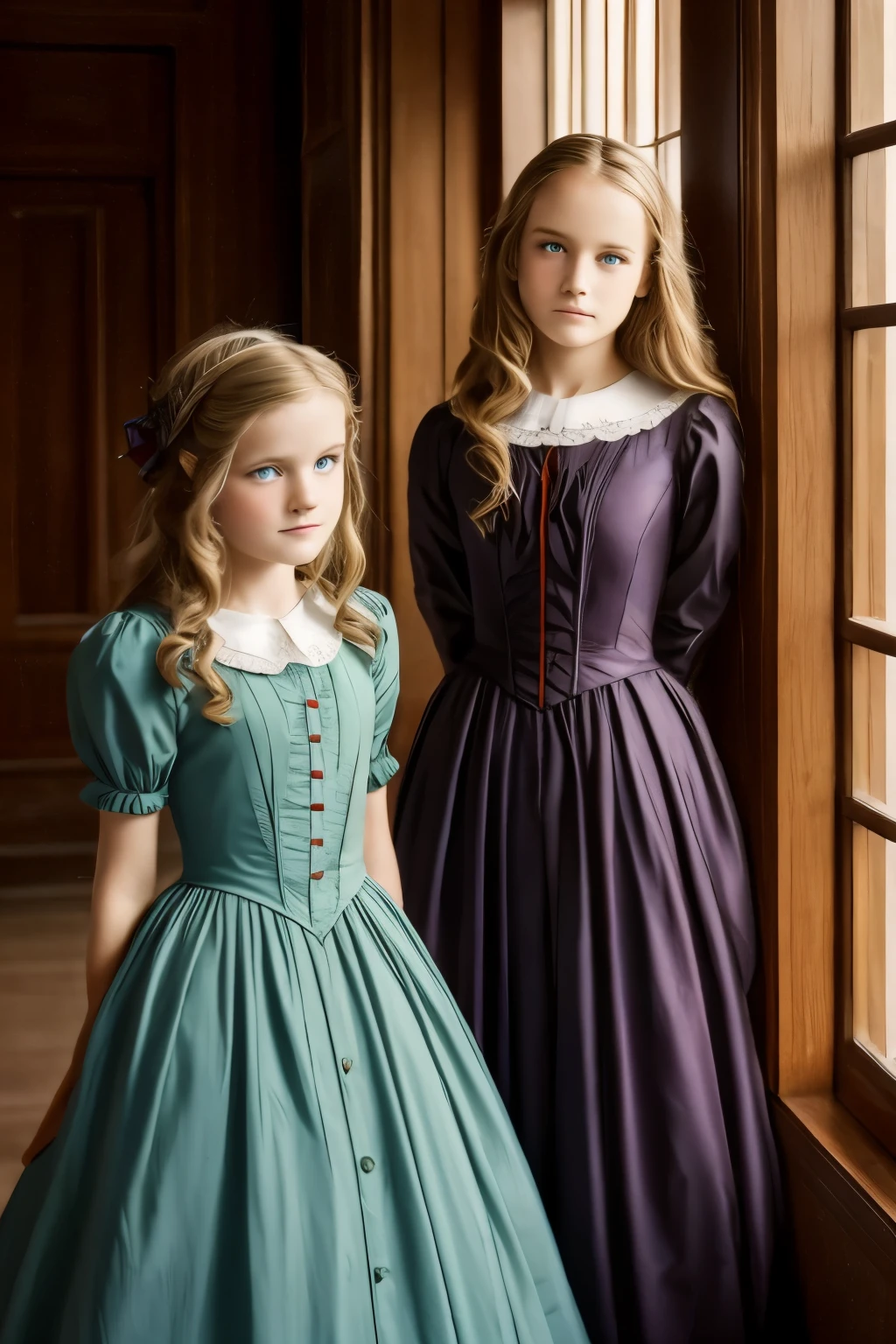 two girls, (Virginia Otis, (blond hair, blue eyes)) pose with (16 years oldald (blond hair, green eyes)). Victorian style. thin, cute face, walks at night in Canterville Castle (inspired by the novel The Canterville Ghost). aged 1887, Victorian dark fantasy