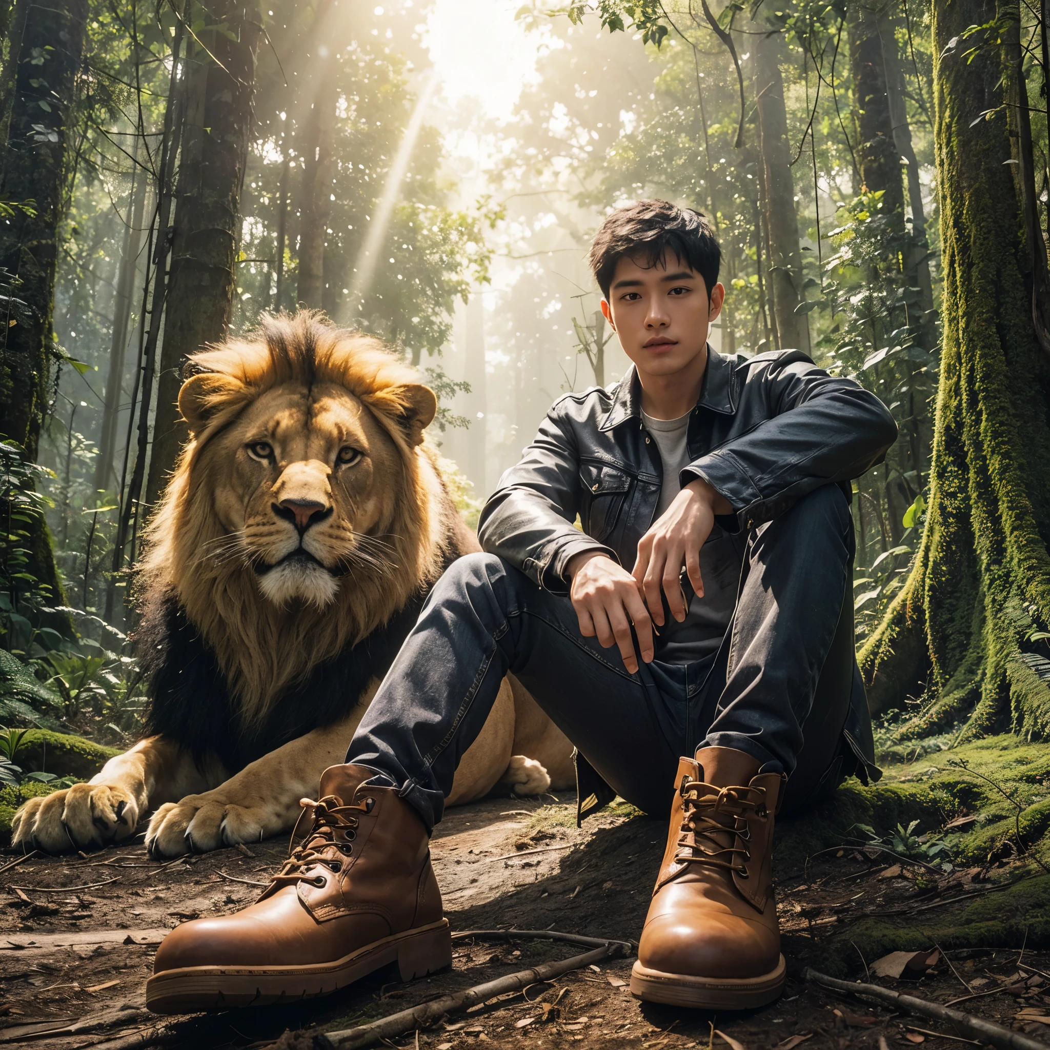 A young Asian man with short hair, dressed casually in black jeans and brown safety shoes, sits relaxed amidst a dense forest. He is accompanied by a very large lion amidst lush greenery, with sunlight filtering through the leaves. His face is turned towards the camera, appearing highly realistic and detailed, captured in high-resolution 8K UHD.