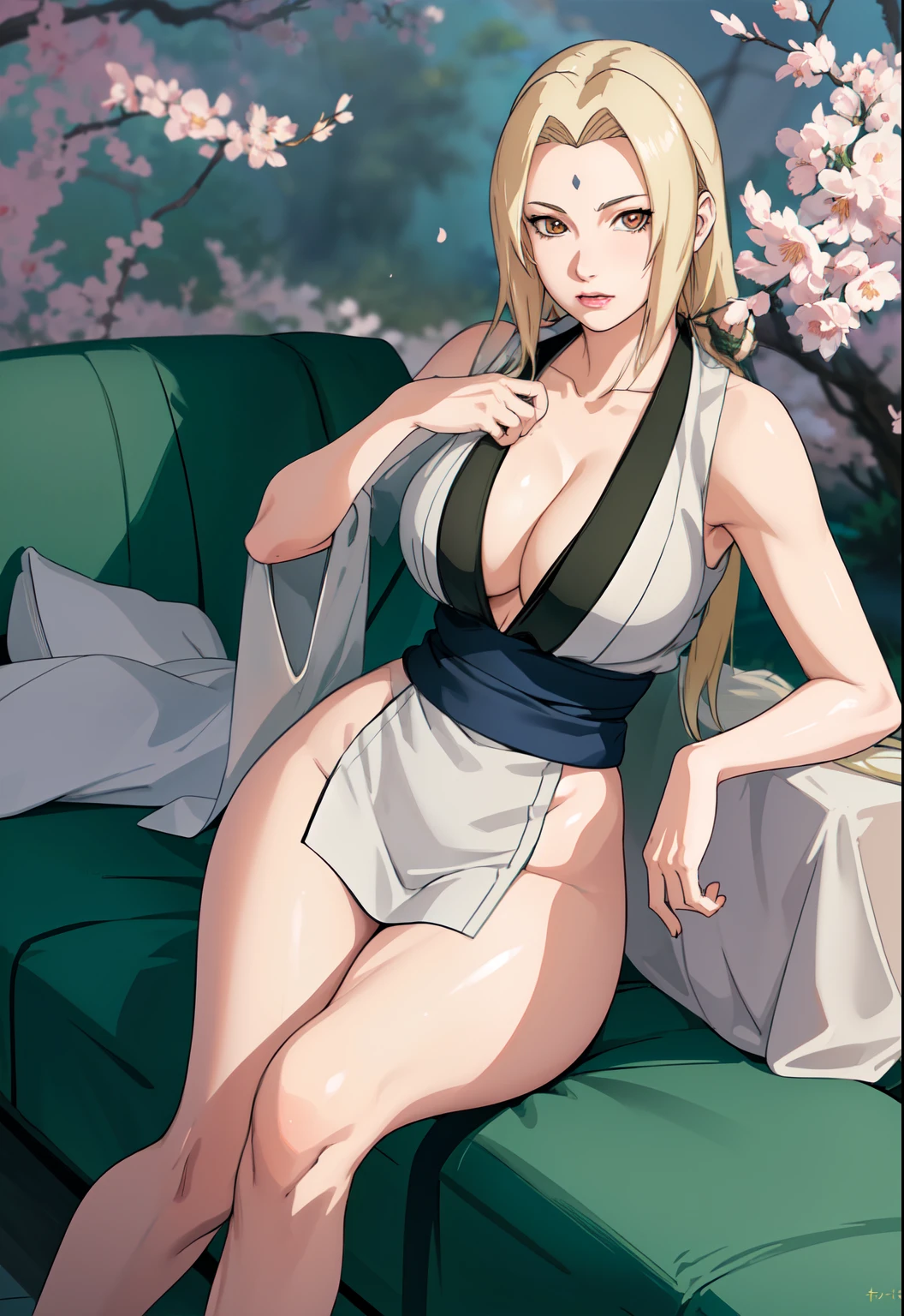 Madura tsunade senju, large breasts, slim legs, blonde hair, carrying a small (dark green-haired ) [beautiful detailed eyes, beautiful detailed lips, extremely detailed eyes and face, long eyelashes], [illustration, oil painting, 3D rendering, photography] medium, (best quality, 4k, 8k, highres, masterpiece:1.2), ultra-detailed, (realistic, photorealistic, photo-realistic:1.37), HDR, UHD, studio lighting, ultra-fine painting, sharp focus, physically-based rendering, extreme detail description, professional, vivid colors, bokeh, portraits, landscape, [motherly, caring, protective] expression, [Japanese-style garden, cherry blossoms in bloom] background, [soft, warm color tones], soft lighting.