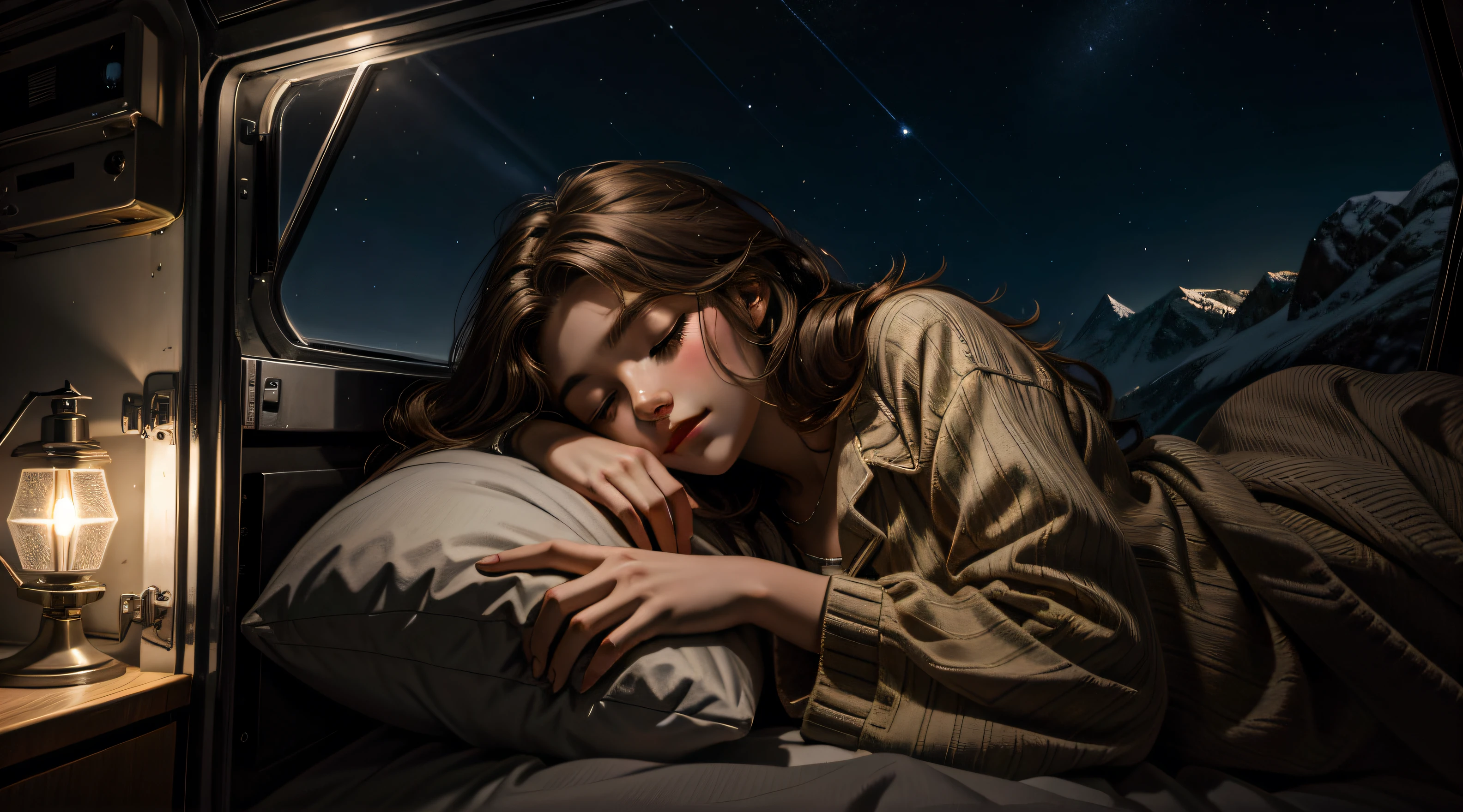 Sleeping teenage girl posing and lying inside a caravan truck next to the caravan truck door, put one's head on the pillow, dark night sky in mountain cave, rotation of light, rotation of the lamp, 22 years old, extremely realistic, She is wearing pajamas, brown hair. Perfect hands and perfect fingers. Perfect details of caravan truck