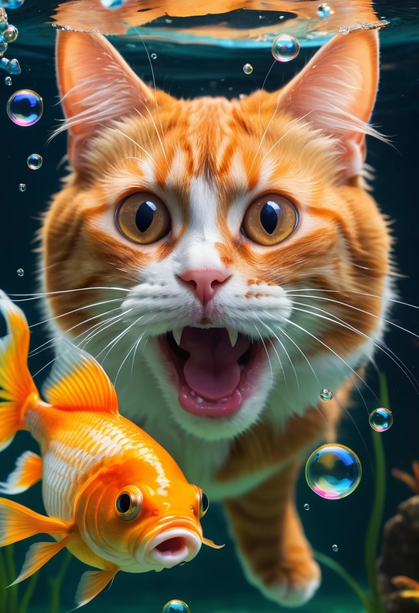 cat, making goofy faces under water, lie the wind is blowing in her open mouth bubbles wide. an annoyed goldfish swims by