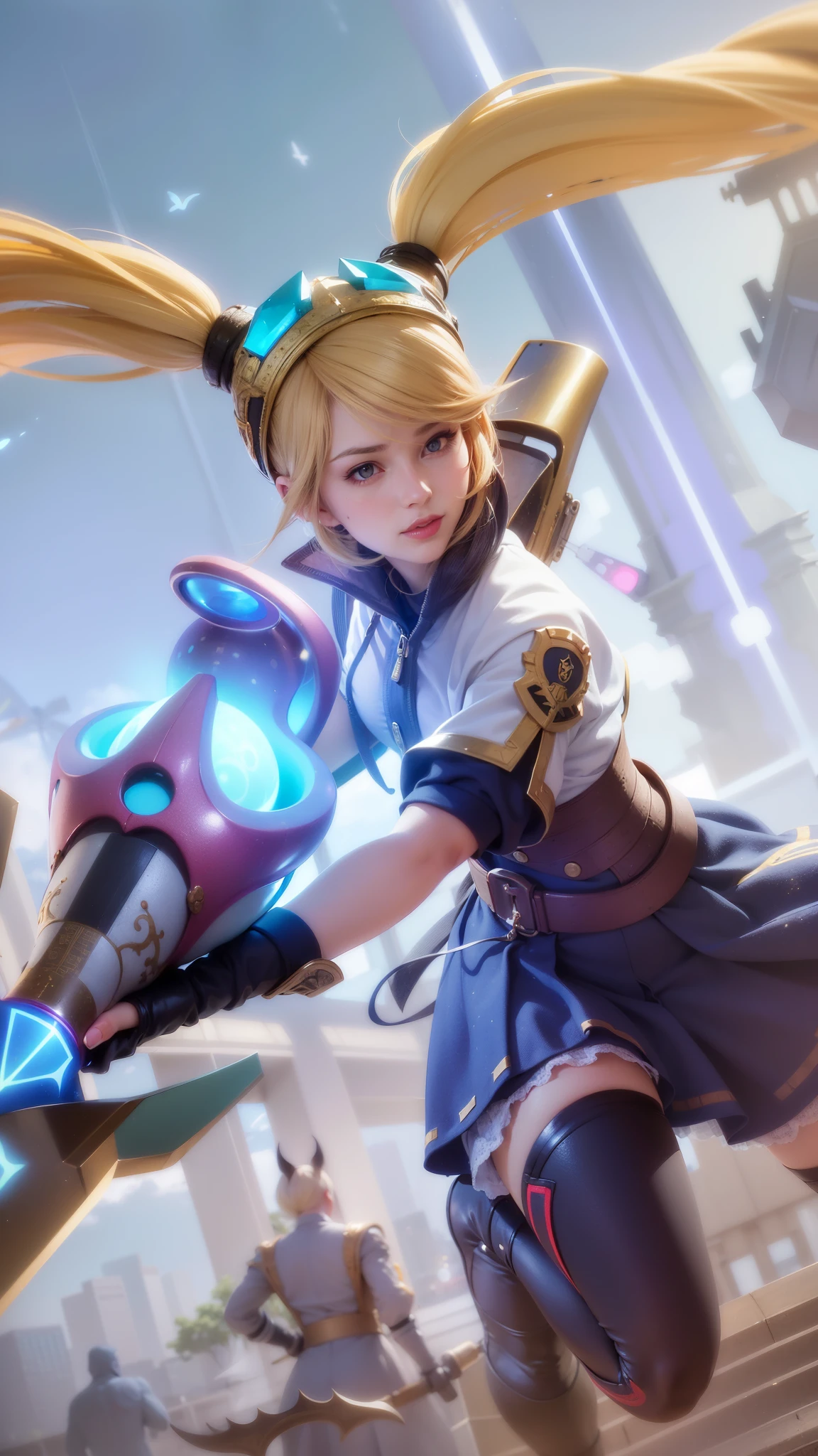 (female:1.2), 8k, ultra hd, ultra detailed texture, hyper realistic, masterpiece, detailed texture, detailed face, detailed skin, detailed lighting, (photorealistic:1.5), best quality, beautiful lighting, cinematic lighting, professional lighting, ultra highres, realistic, detailed hair, real hair, high quality, (realskin:1.5), extremely detailed, finely detail, ultra-detailed, 1girl, solo, standing, demon horns, forehead protector, blue eyes, v-shapped eyebrow, make up, pretty, beautiful, long hair, brown hair, high ponytail, black armor, pauldrons, bare shoulders, shoulder armor, thigh high, depth of field, white skin, skin tight, amazing pose, outdoors, glowing, very detailed, close-up shot of a woman with a gun in her hand, smile, cute face, red lips glossy