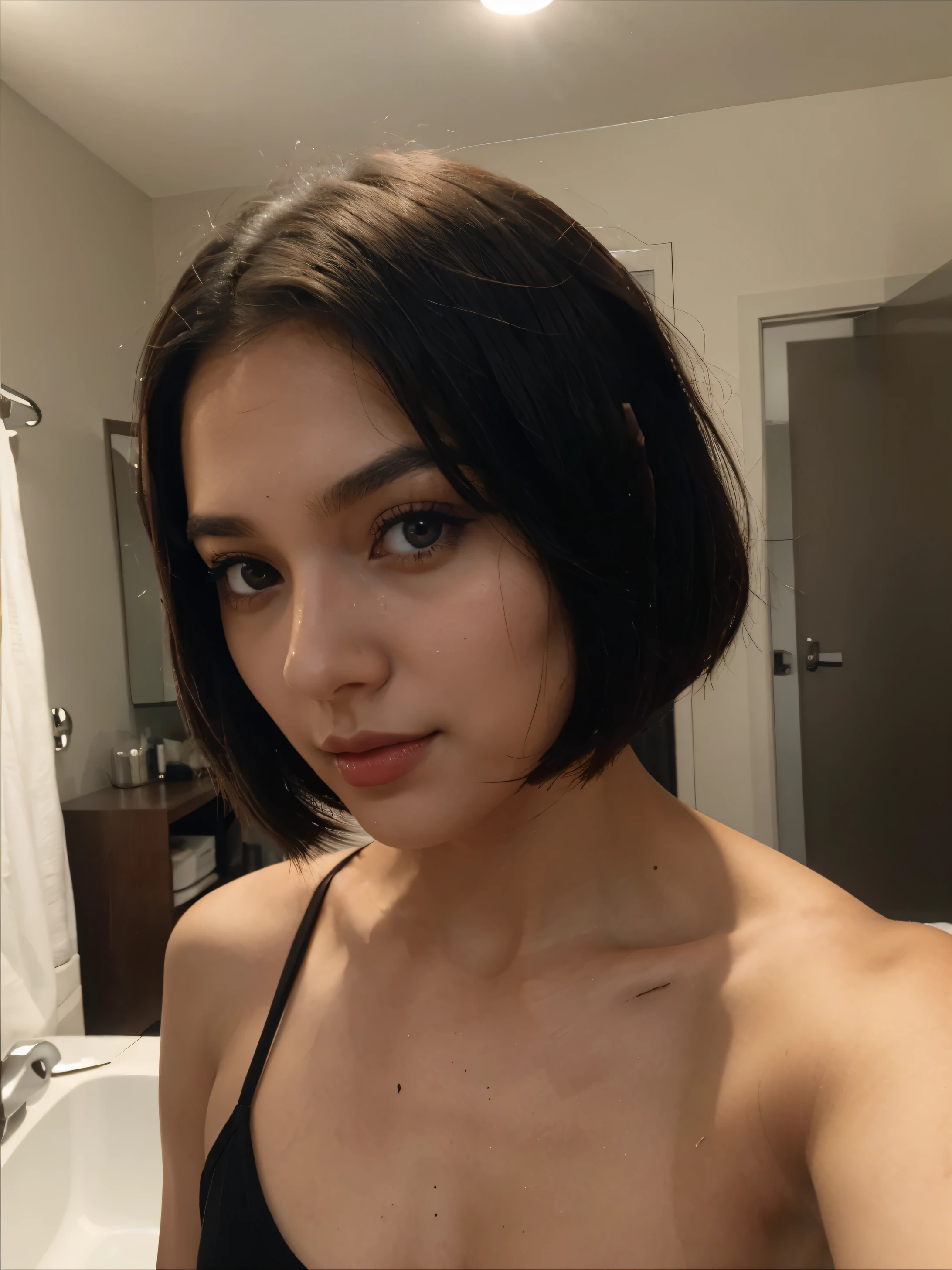 Selfie shot , cute girl , bob cut , brown skin , red lips , hunter eyes , dark kohl , selfie