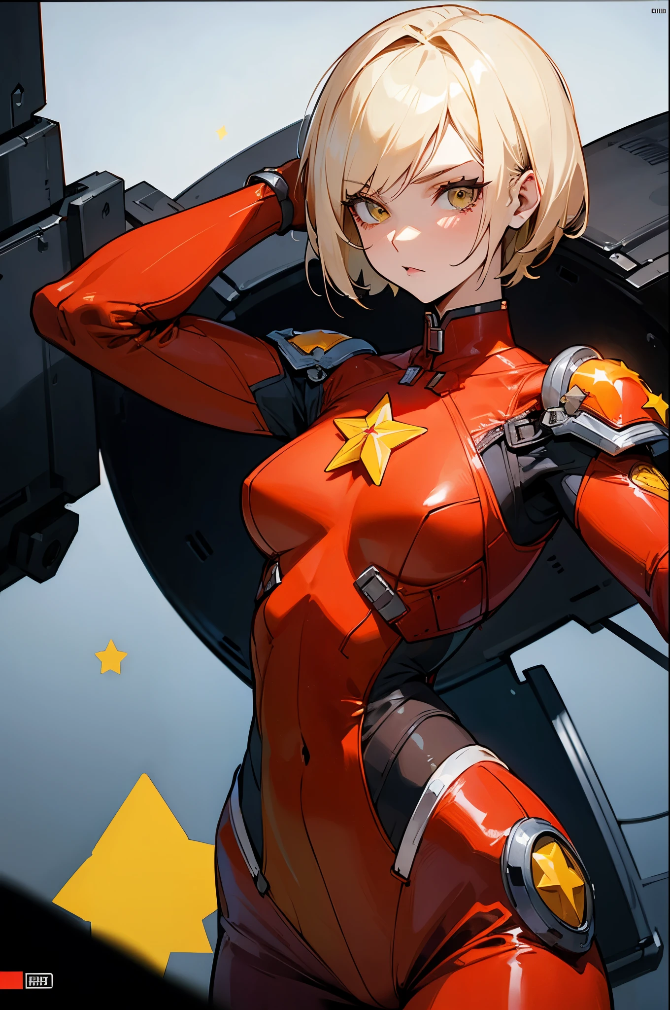 ((Best quality)), ((masterpiece)), (detailed: 1.4), Fighter pilot woman fitness body defined, half thick naked thighs, closed mouth, only in panties, muscular body parts covered by technological clothing, (((large breasts)) perfect, generous neckline, (((red clothing)), CCCP, pastel, short white hair with nasal topknot and shaved, short underwear, garter belt, tiara with metallic horns, by mucha, niji, close to real, best quality, almost naked, psychopathic, crazy face, inside an airplane cockpit, piloting, sexy pose, starry night background, outfit imitating P40 plane with shark mouth, rot rod flame tattoos, vintage, dark red bra with yellow stars, stars covering breasts, (((clothes with the colors of the flag of the Soviet Union))), Pointed shoulder pads, White eyes without pupils, HDR (High Dynamic Range),Ray Tracing,NVIDIA RTX,Super-Resolution,Unreal 5,Subsurface dispersion, PBR texture, Post-processing, Anisotropic filtering, Depth of field, Maximum clarity and sharpness, Multilayer textures, Albedo and specular maps, Surface shading, Accurate simulation of light-material interaction, Perfect proportions, Octane Render, Two-tone lighting, Wide aperture, Low ISO, White Balance, Rule of Thirds, 8K RAW, crysisnanosuit