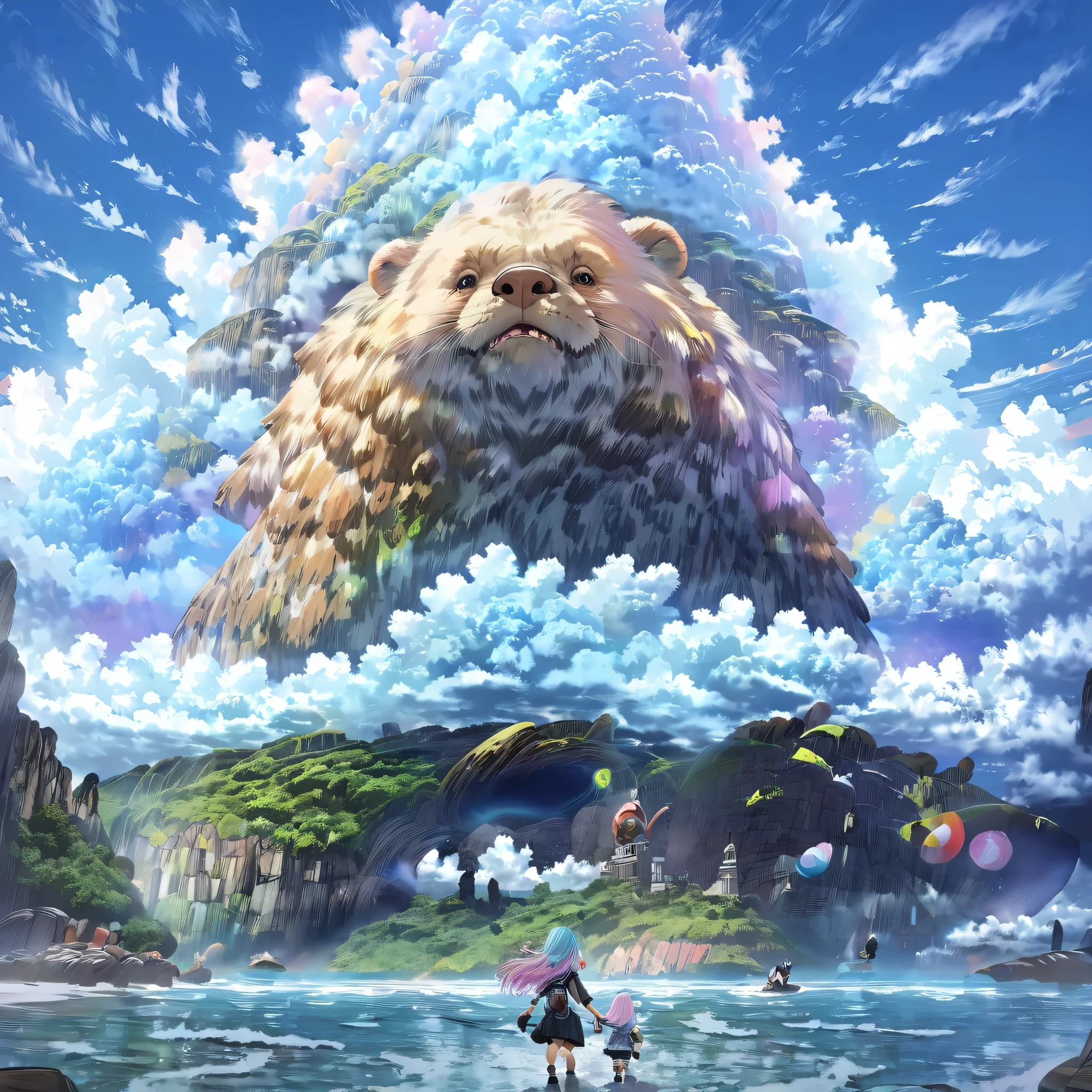 giant creature, fantasy world view, Adorable animal fictional giant character, Creatures with pastel colored hair, fluffy, fluffy, round eyes, from below, giant creatureの足元にいる女の子, island in the clouds, (masterpiece), (highest quality), (Ultra high detail), intricate details, texture with intricate details