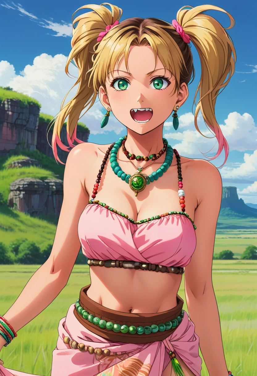 score_9, score_8_up, score_7_up, source_anime BREAK 1girl, solo, vanille, twintails, green eyes, tribal jewelry, necklace, bracelet, beads, pink crop top, belt, sarong, clothes around waist, waist up, rock formations, blue sky, field, landscape, cloud trails, looking at you, happy, open mouth, medium breasts