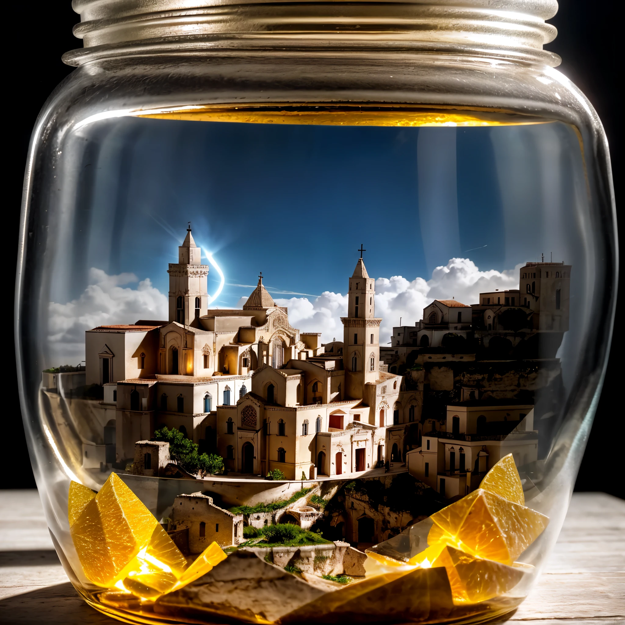 (An intricate minitown Matera landscape trapped in a jar with cap), atmospheric greenish lighting, on a white desk, 4k UHD, light vibes, hyper detailed, vibrant colours clear sky background, epic composition, octane render, sharp focus, high resolution isometric, closeup view. Perfect Matera's Cathedral, sassi_di_matera