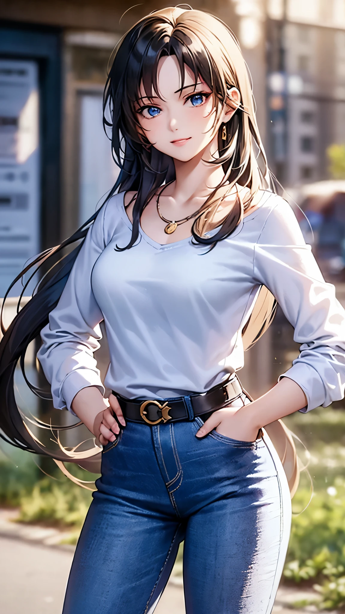 an illustrated character with a manga style. She has long, straight hair with blended gray and light brown tones. Her eyes are large and expressive, with blue irises. She has a nose and plump lips.The character is wearing navy tank top that accentuates her fit physique. She has on white jeans with a belt, giving her a casual yet stylish look. A small necklace completes her outfit. Her pose conveys confidence, with one hand on her hip and a subtle smirk on her face. fashion-forward young woman character, comic art styles. The background is plain white, keeping the focus solely on the detailed character illustration itself.