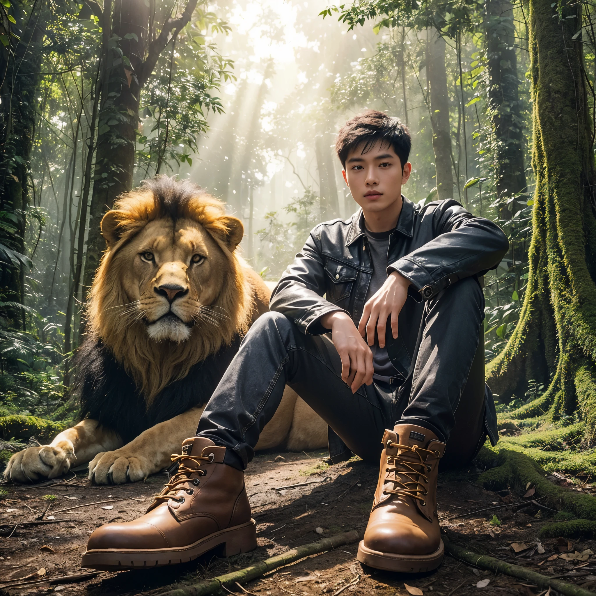 A young Asian man with short hair, dressed casually in black jeans and brown safety shoes, sits relaxed amidst a dense forest. He is accompanied by a very large lion amidst lush greenery, with sunlight filtering through the leaves. His face is turned towards the camera, appearing highly realistic and detailed, captured in high-resolution 8K UHD.