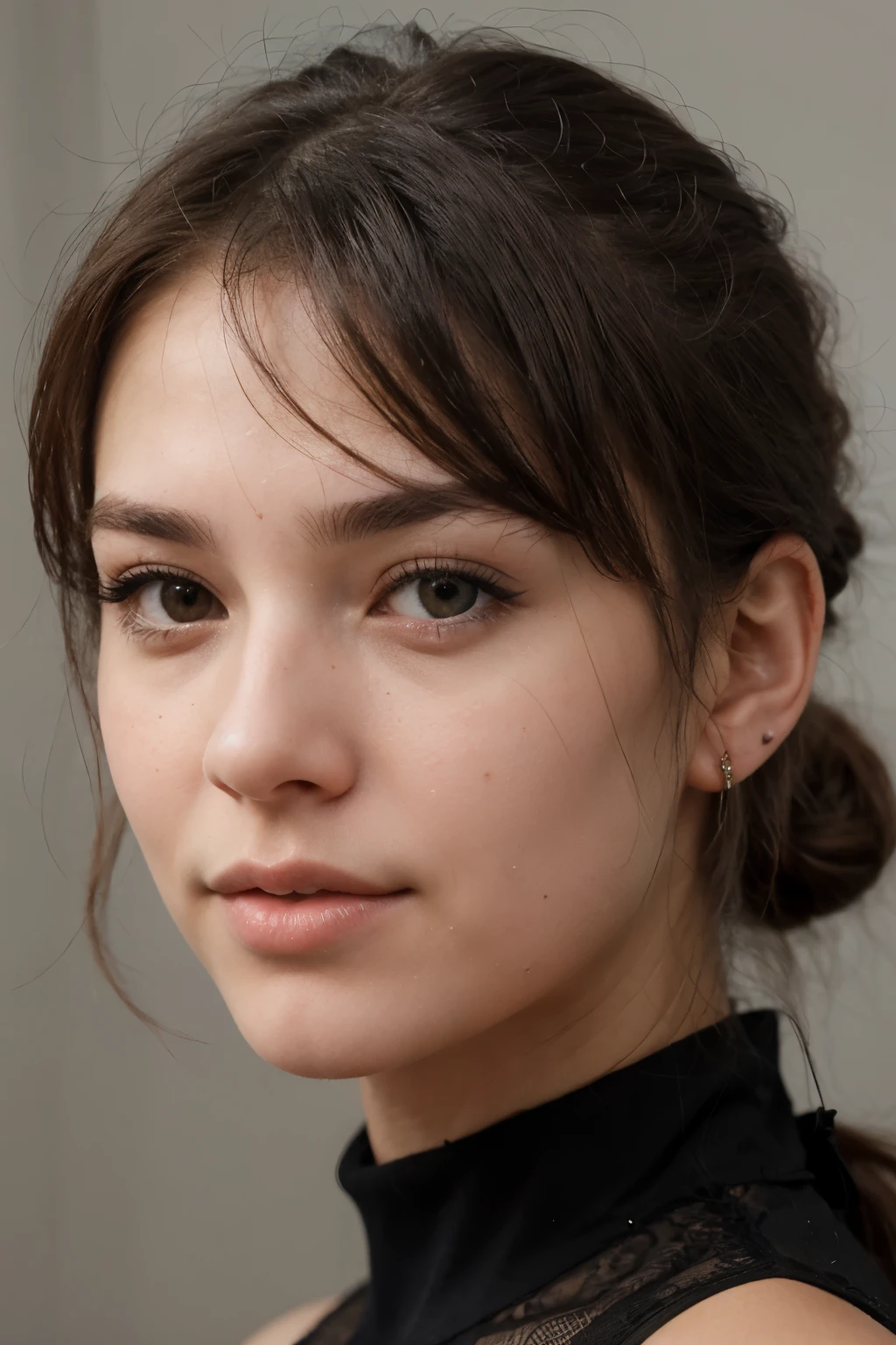 Close-up portrait of a 21-year-old woman front shot, with her hair styled in a ponytail.no bang.mouth closed. She has white skin, dark brown eyes, and a very Italian-looking appearance. The aim is to capture her face profile in a neutral and standard manner, similar to passport photos."