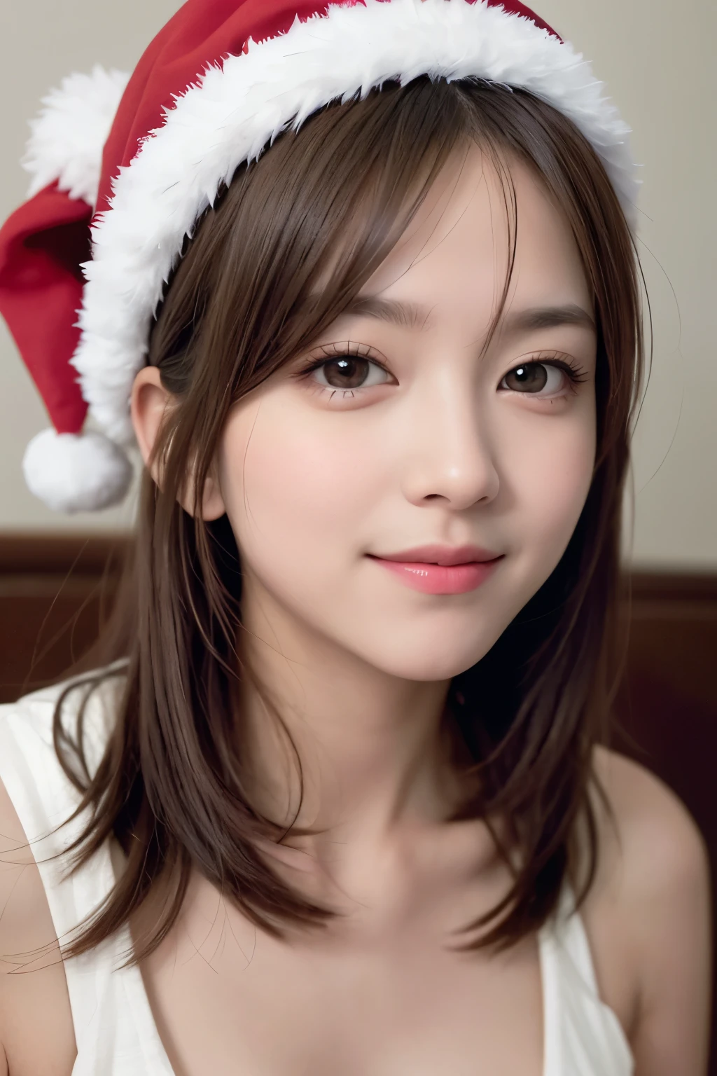 masterpiece, The highest image quality, alta calidad, hermosa una chica, 18-year-old Russian, maquillaje ruso popular,Santa Claus costume、Nochebuena、 detalles, Ojos hinchados, Un ojo detallado, Piel detallada, Hermosas pieles, Súper high resolution, (Realidad:1.4), muy extremadamente hermoso, slightly younger face, Hermosas pieles, esbelto, (Un hiperrealista), (high resolution), (8K), (ojos bellamente detallados), (ultra detallado), (muro-), (cara detallada), mirando a los espectadores, finamente detalle、Una cara detallada、pureerosfaceace_v1、Una sonrisa、mirando al frente、Se ve recto de cintura para arriba.、fotos realistas、bright lighting、cabello largo、ciudad de invierno